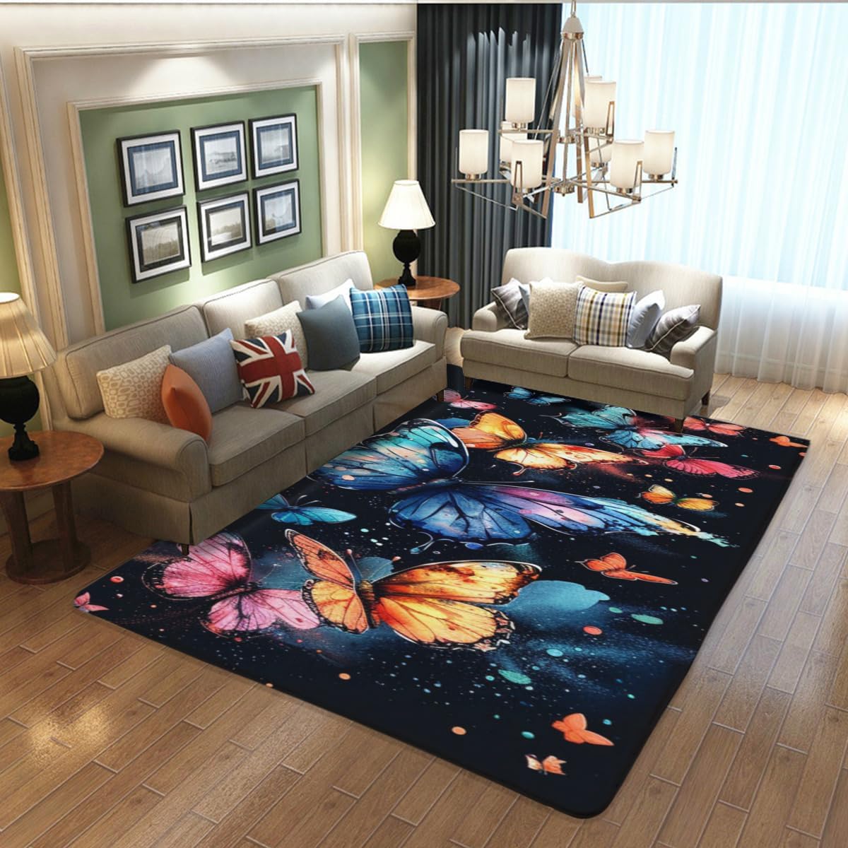 Black Background Dreamy Mysterious Cartoon Realism Colorful Butterfly Watercolor Carpet, Soft and Comfortable Flannel Fabric, Living Room, Dining Room, Bedroom Home Decoration 2' x 3'
