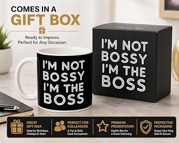 JRose Collections 900ml Giant Boss Mug – Extra Large Ceramic Coffee Mug with Double Sided Print, Funny Statement Cup “I’m Not Bossy I’m The Boss”, Jumbo Tea Mug with Gift Box