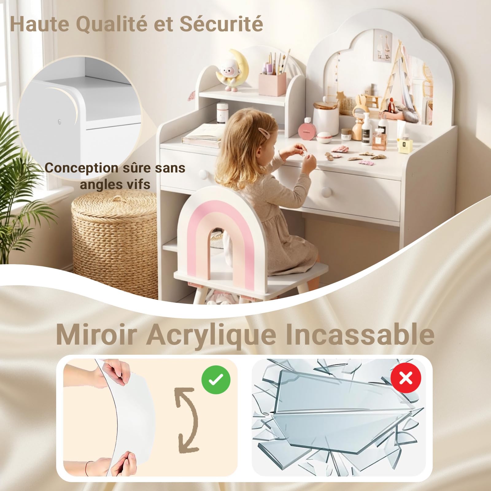 Clevich 2 en 1 Coiffeuse Enfant, Coiffeuse pour Fille avec Miroir et 2 Tiroirs, Casiers, Bureau pour Enfants avec Tabouret, Motif Arc-en-Ciel, Table de Maquillage pour Enfants 3 à 8 Ans (Blanc)
