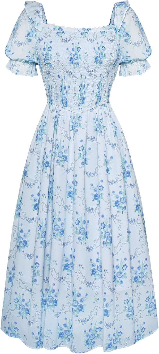 Scarlet Darkness Floral Dress for Women Summer Puff Sleeve Square Neck A Line Flowy Wedding Guest Tea Party Dresses