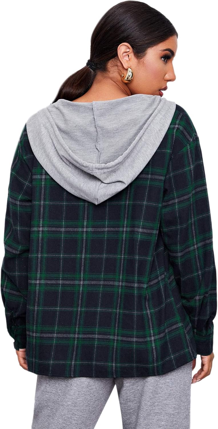 Verdusa Women's Plaid Button Front Long Sleeve Drawstring Hoodie Overshirt Jacket : Clothing, Shoes & Jewelry