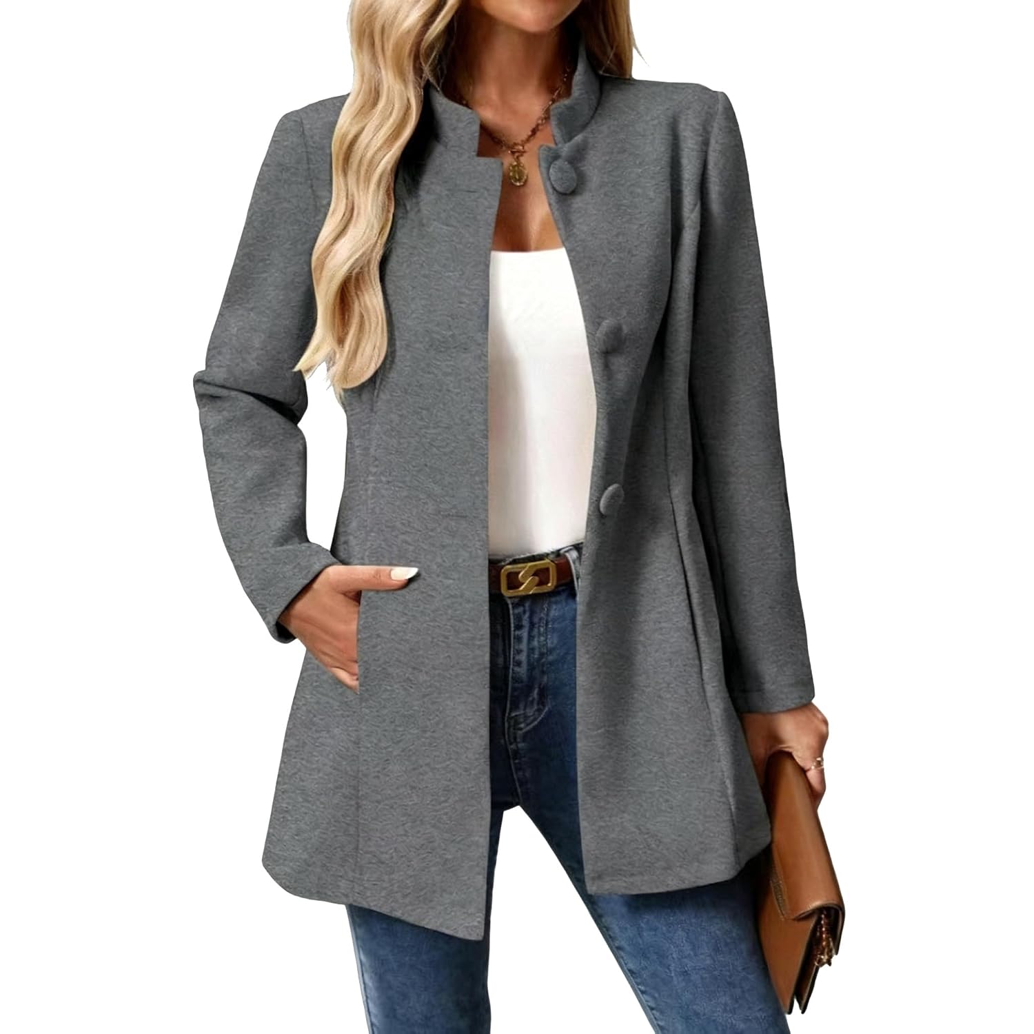 JMSUN Casaco Jaqueta de Lã Feminino Gola Alta Botão Retrô Modelo Midi Casual Térmico Ideal para Outono e Inverno