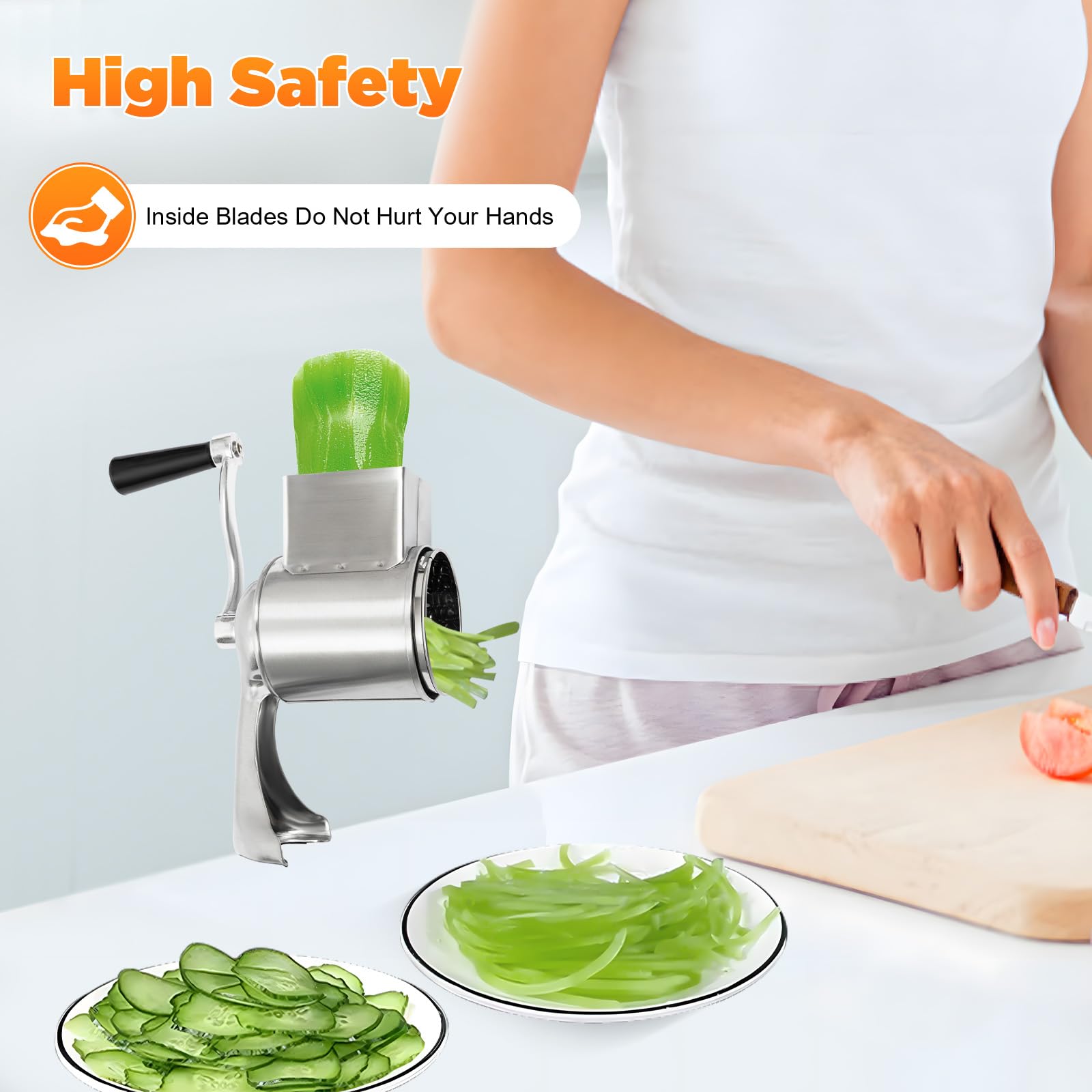 KOLHGNSE Stainless Steel Rotary Grater with 5 Interchangeable Drum Blades, Manual Vegetable Cutter, Ergonomic Food Slicer for Shredding, Slicing and Grating