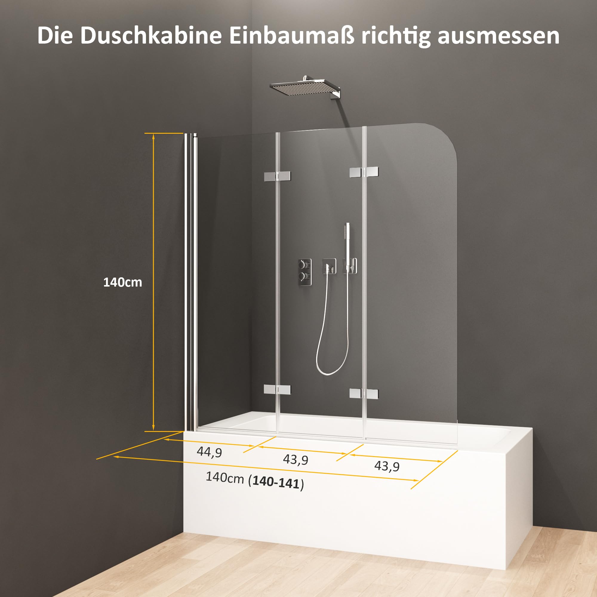 Duschwand für Badewanne 3-teilig 140x140cm Dreifaltigkeitstür Duschtrennwand mit 6mm Nano Glas, Trennwand 140 Faltbar Badewannenwand Sicherheitsglas Badewannenaufsatz