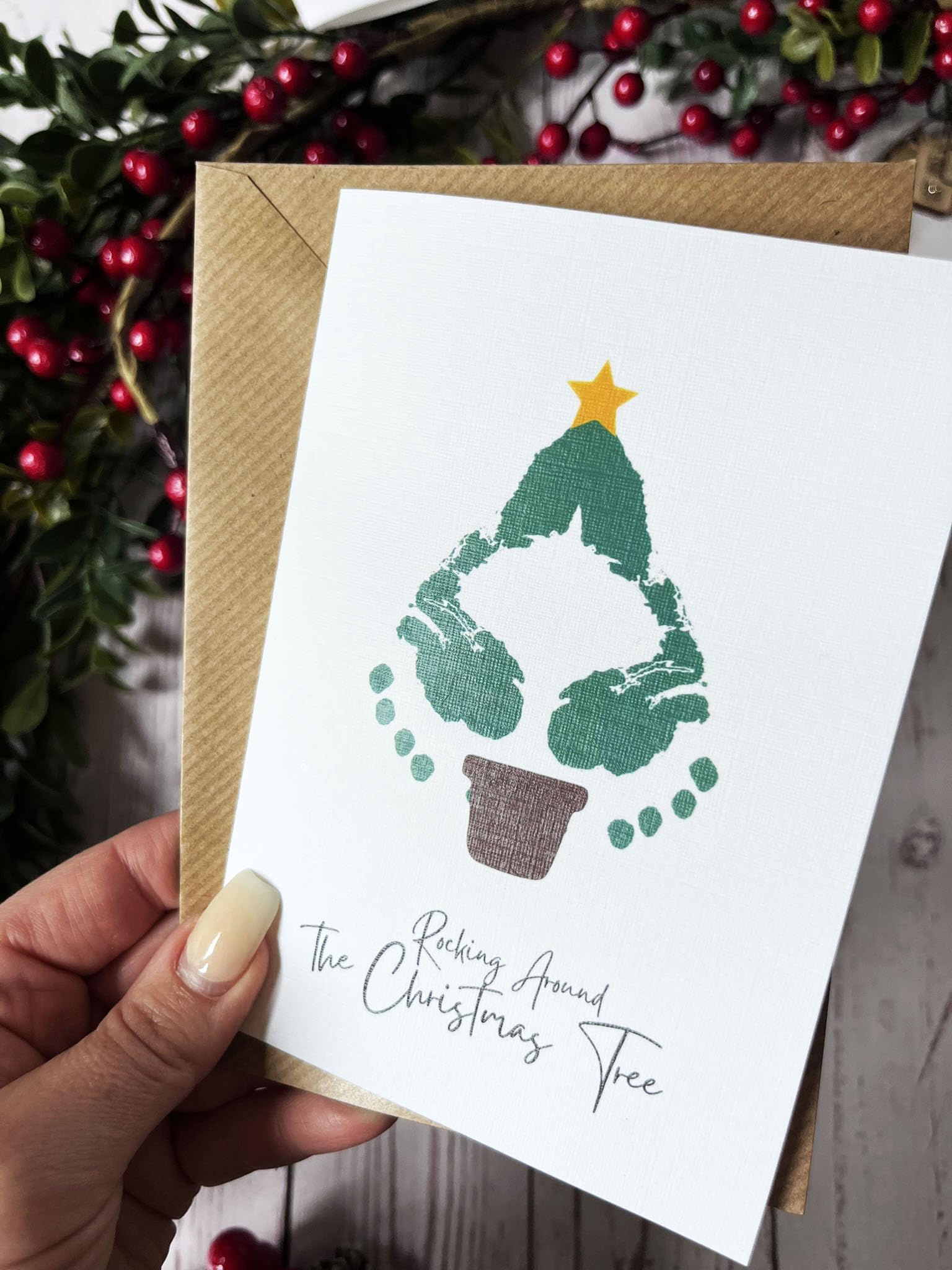 Baby Footprint Christmas Card for My First Christmas. Chrismas Wishes & Mistletoe Kisses. Perfect for Family & Friends. Unique Greeting Card (DIY Christmas Tree)