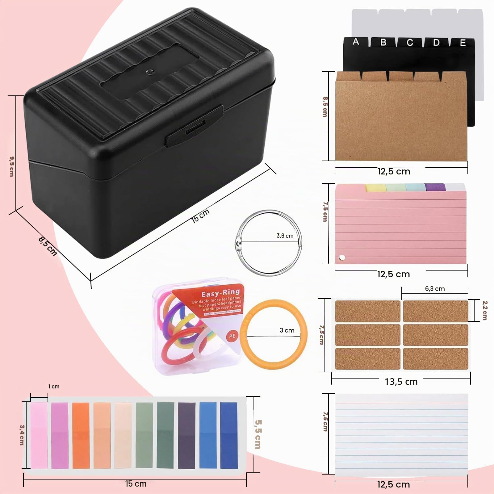 Boîte à Fiches de Rangement avec 150 Fiches Blanches, 15 Index Cards, 6 Anneaux pour l'École