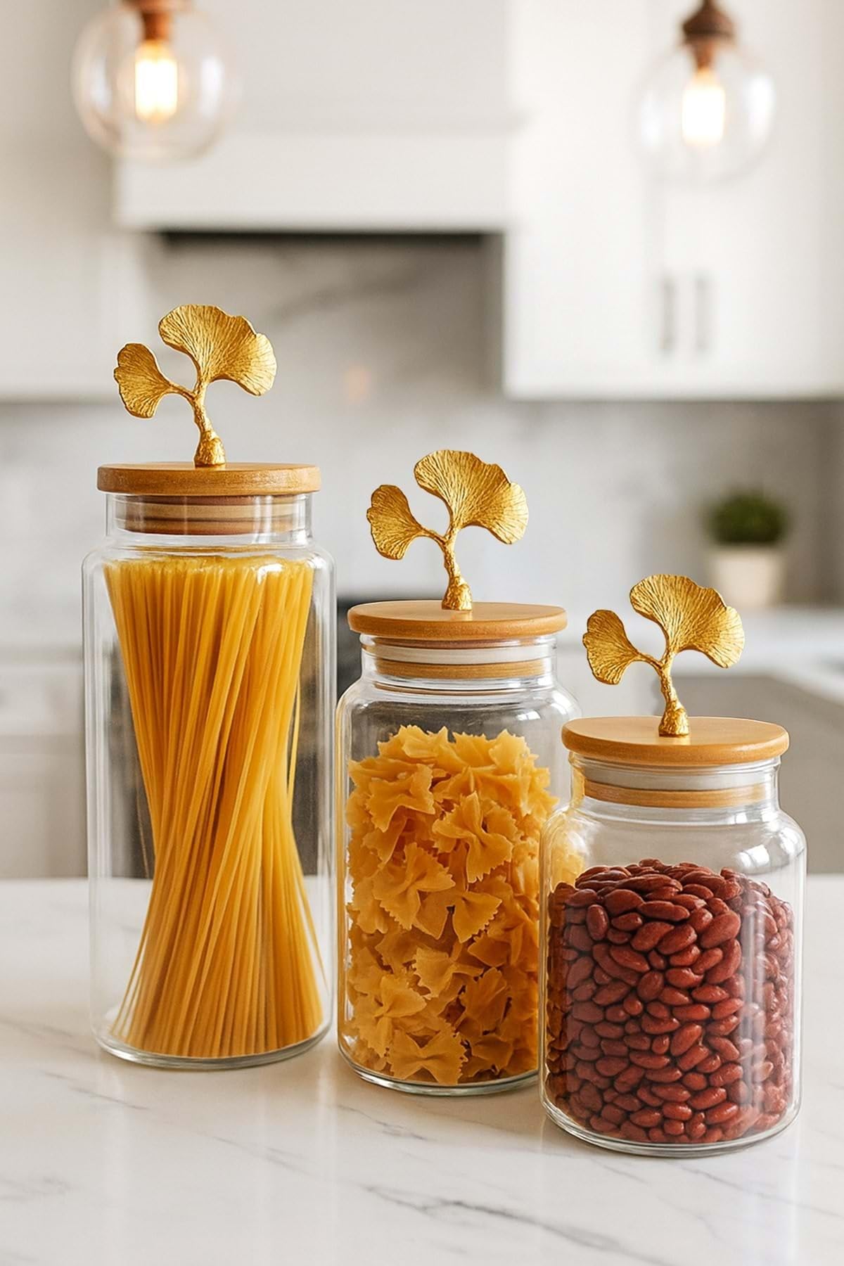 Jenısa 3'Lü Bambu Kapaklı Metal Ginkgo Figürlü Şeffaf Cam Kavanoz Şeffaf Cam Saklama Kabı 635/890/1400Ml