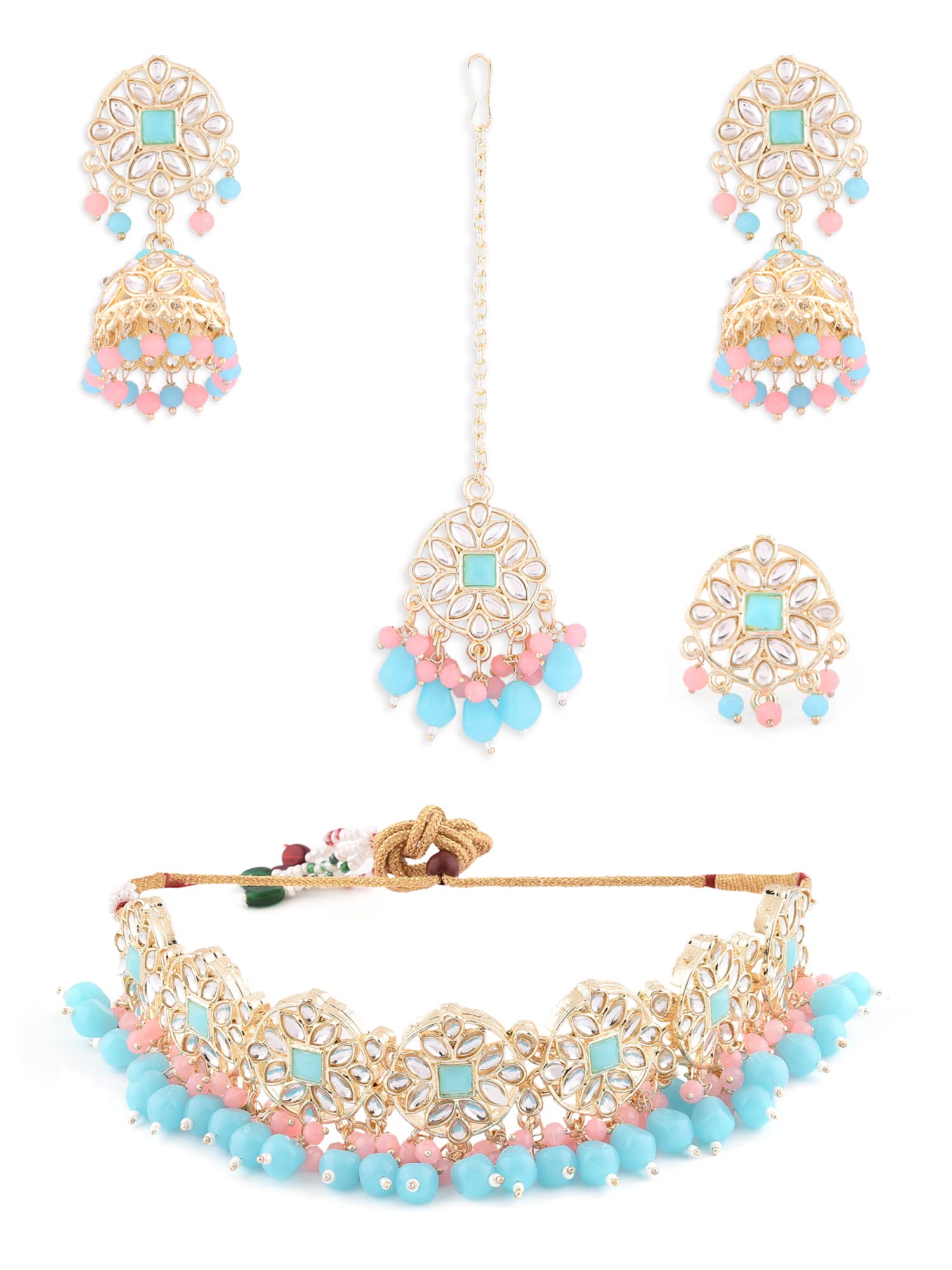 ZAVERI PEARLS Turquoise Blue & Pink Beads Ethnic Kundan Choker Necklace Earring Maangtikka & Ring Set For Women-ZPFK14392 (B0B6RKGZ38) Amazon Price History, Amazon Price Tracker