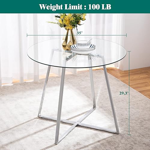 Miniatura 6 de SICOTAS Mesa de comedor redonda de vidrio con patas cromadas, mesa de cocina moderna para 2 o 4 personas, mesa de comedor circular con base de metal
