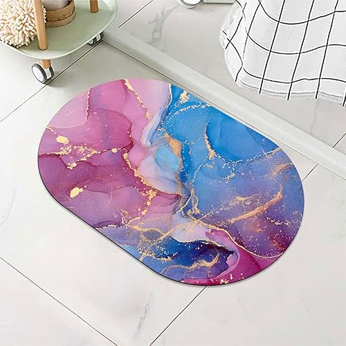 Tapete de baño, diseño de mármol rosa y azul, de goma, antideslizante, de secado rápido, súper absorbente, delgado, para debajo de la puerta,