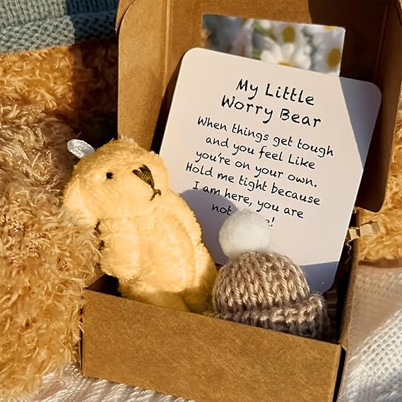 Worry Bear Hug in a Box,A Little Pocket Bear Hug,Mini Worry Bears with Inspirational Card,Handmade Mini Plush Teddy Bears in Box,Bears Doll,Positive Gifts for Kids,Friends(1 PCS)