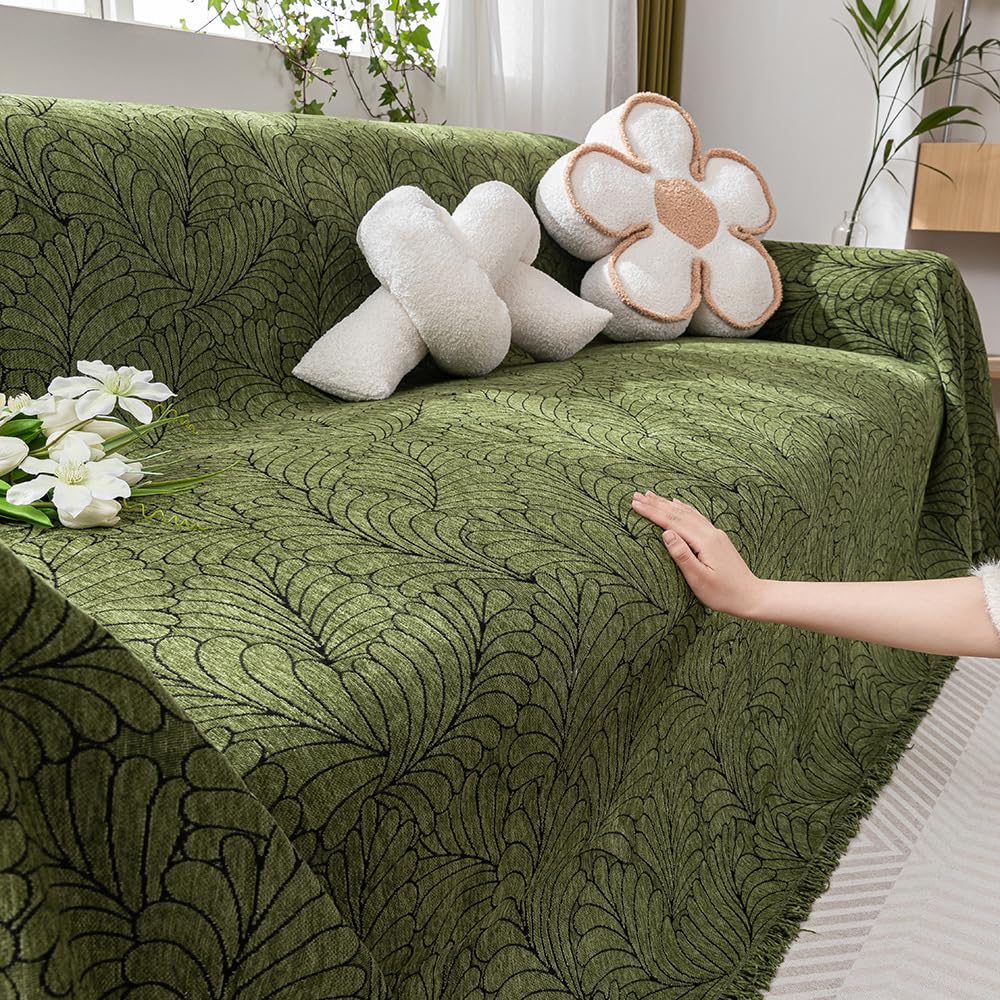 Highdi Housse de Canapé Extensible Serviette de Canapé Anti-Poussière Canapé Couverture Protège Canapé Réversible, Feuille Verte Canapé Serviette Lavable pour lit Double (180x340cm,Anthracite)