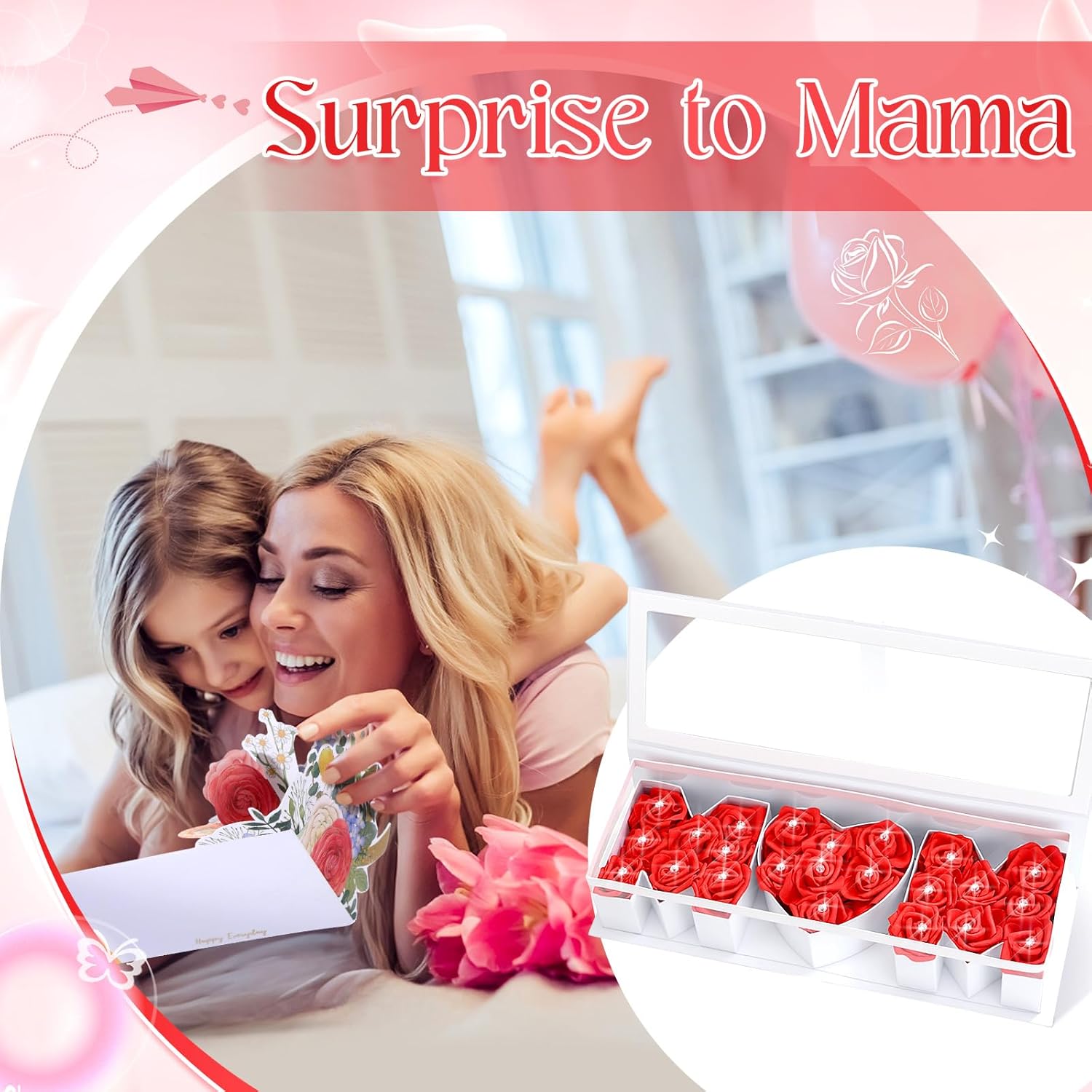 Fuyoooo 2 Set I Love You and Mom Letter Boxes Empty for Mothers Day DIY Fillable Chocolate Candy Flower Gift Packaging 17.52x6.1x3.82 Inch with 50 Roses 50 Bouquet Pins 2 3D Greeting Cards(White)