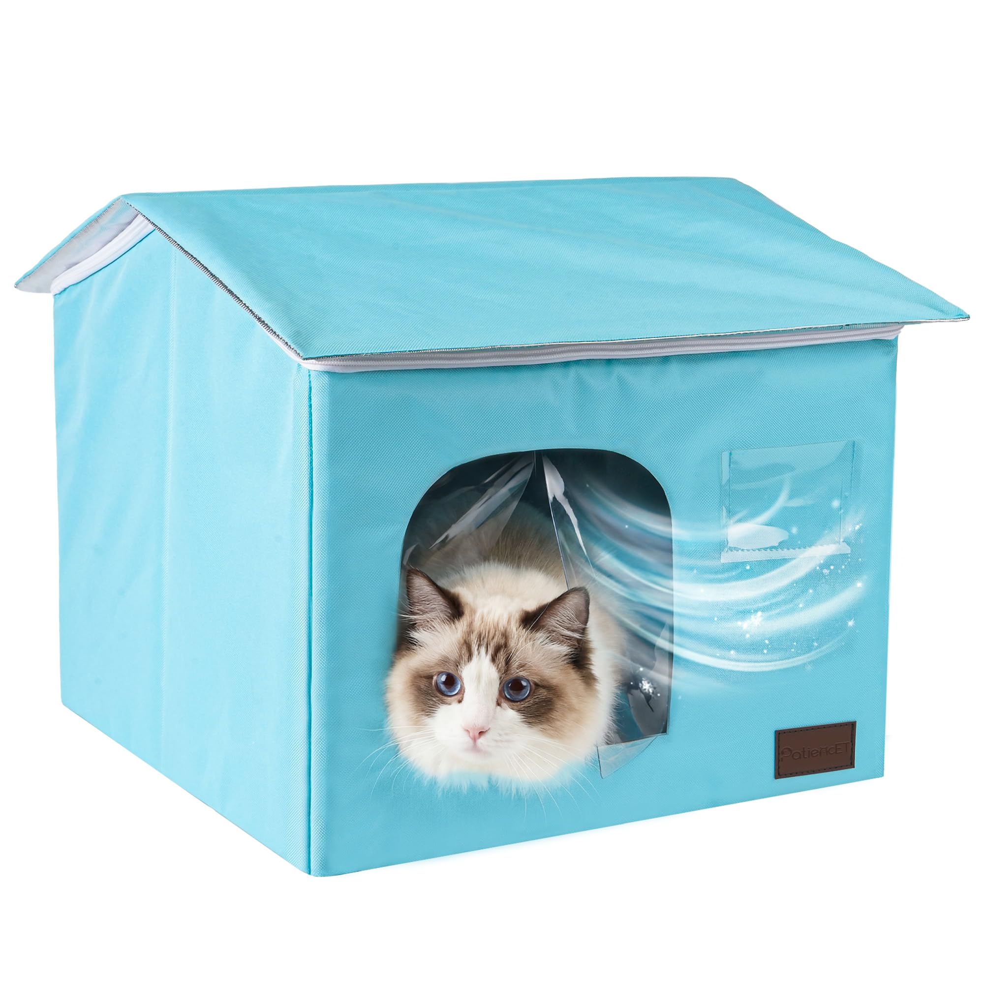 Photo 1 of PatiencET Cat Cooling House for 1 Cat, Indoor Cooling Cat House for Summer, Blue Cat Hideaway Bed with Side Ice Packs, Insulated Foil Lining