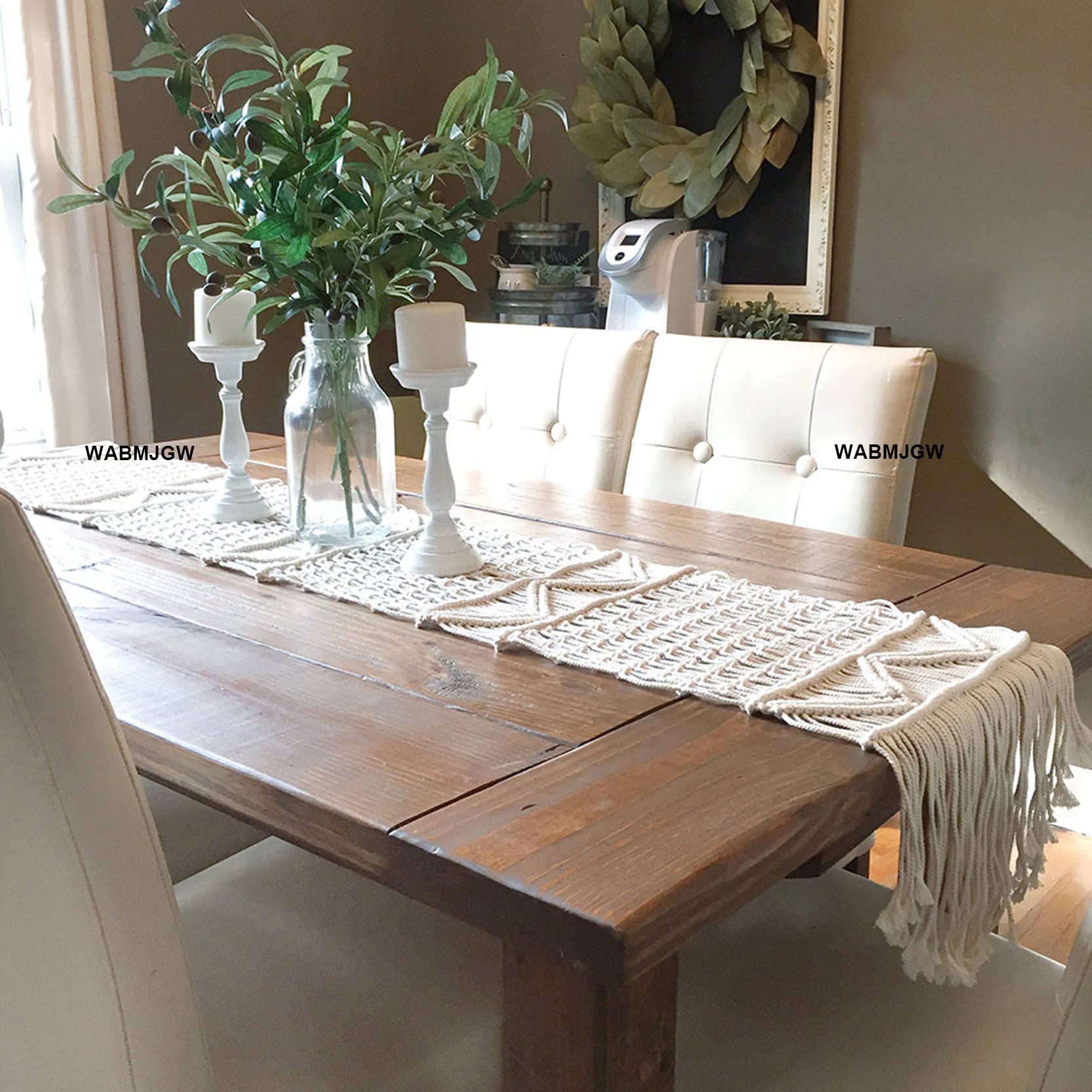 Makramee Tischläufer Lange Boho-Dekor, Handgefertigte Tischläufer mit Quasten 100% natürliches Baumwollseil, für rustikale Küche Esszimmer Couchtisch Dekoration,Beige-35x220cm