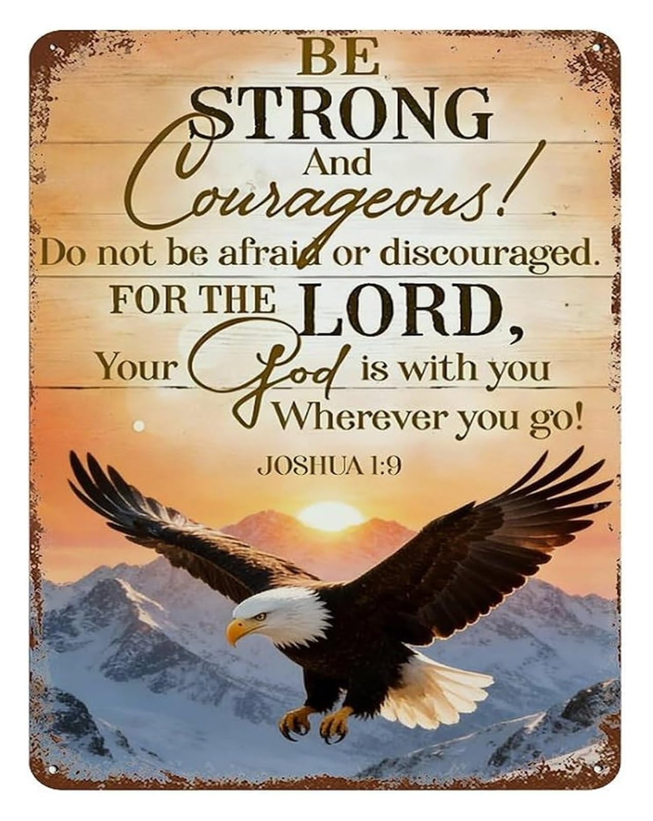 MQXFCZUX Vintage Christian Metal Tin Sign Joshua 19 Be Strong And Courageous Bible Verse Eagle Wall-Art Church Home Decor 8 X 12 in