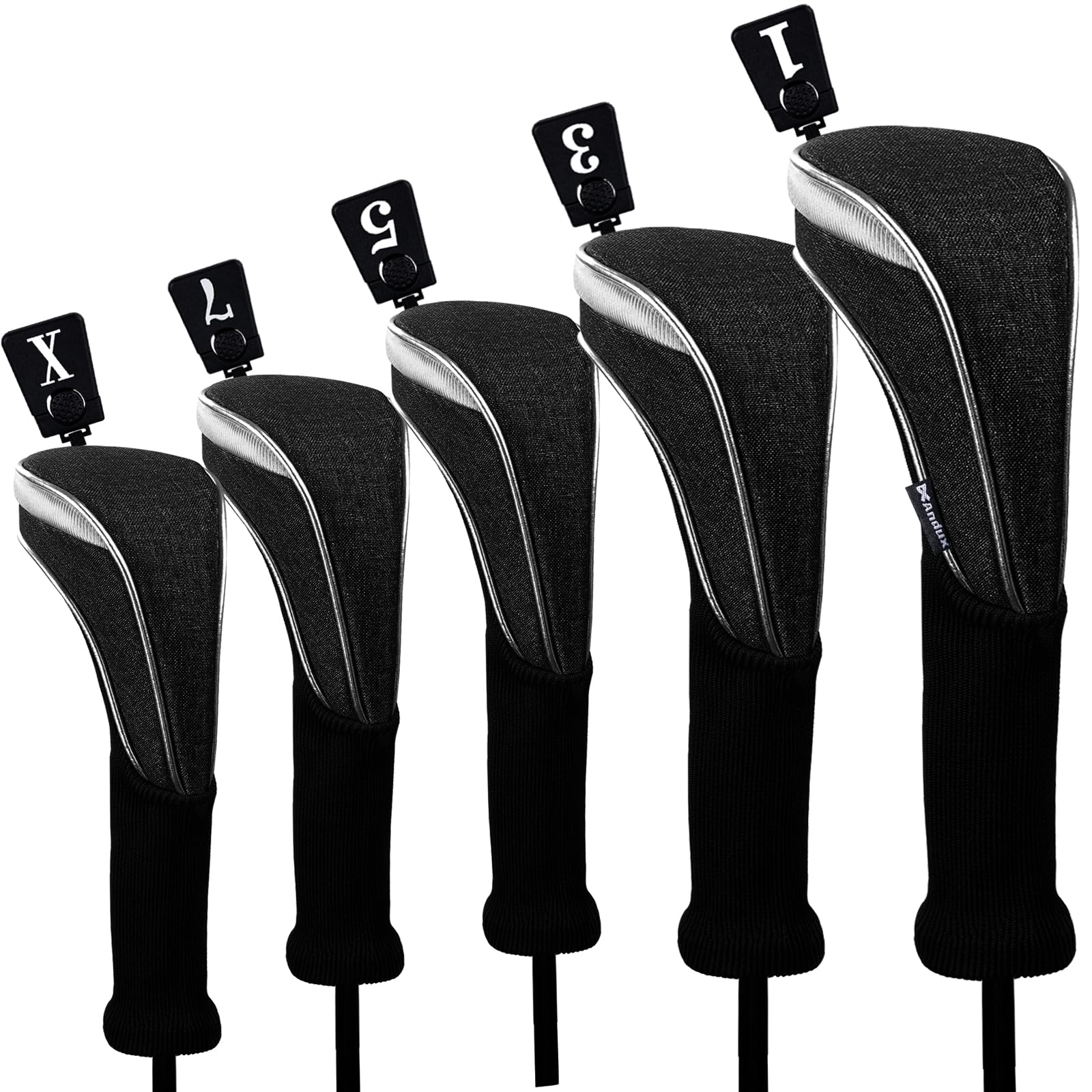 Andux Set di 5 coperture per mazze da golf in nylon, per mazze da golf, 460 cc, con collo lungo