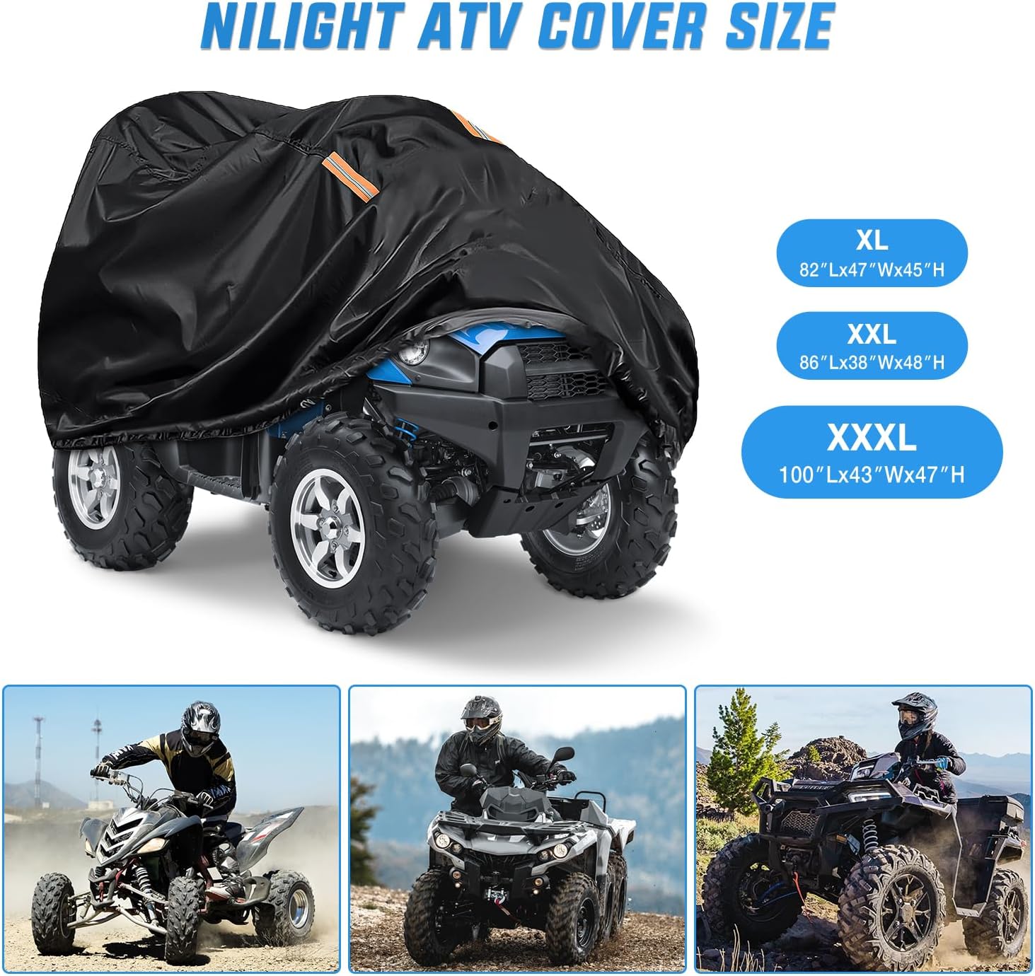 Nilight ATV Cover Waterproof 420D Heavy Duty Ripstop Material 4 Wheeler Quad Cover All Season Weather UV Protection for Kawasaki Yamaha Polaris Suzuki Honda(Black XXXL)