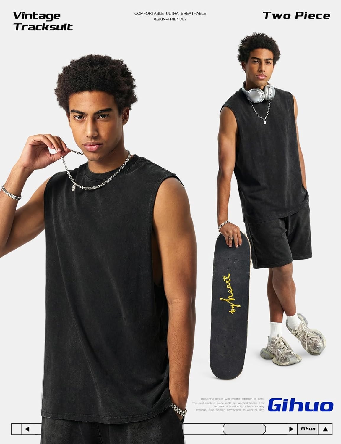 Gihuo Mens 2 Piece Outfits Vintage Wash Sleeveless Tank Tops and Shorts Set Casual Summer Tracksuit - Image 4