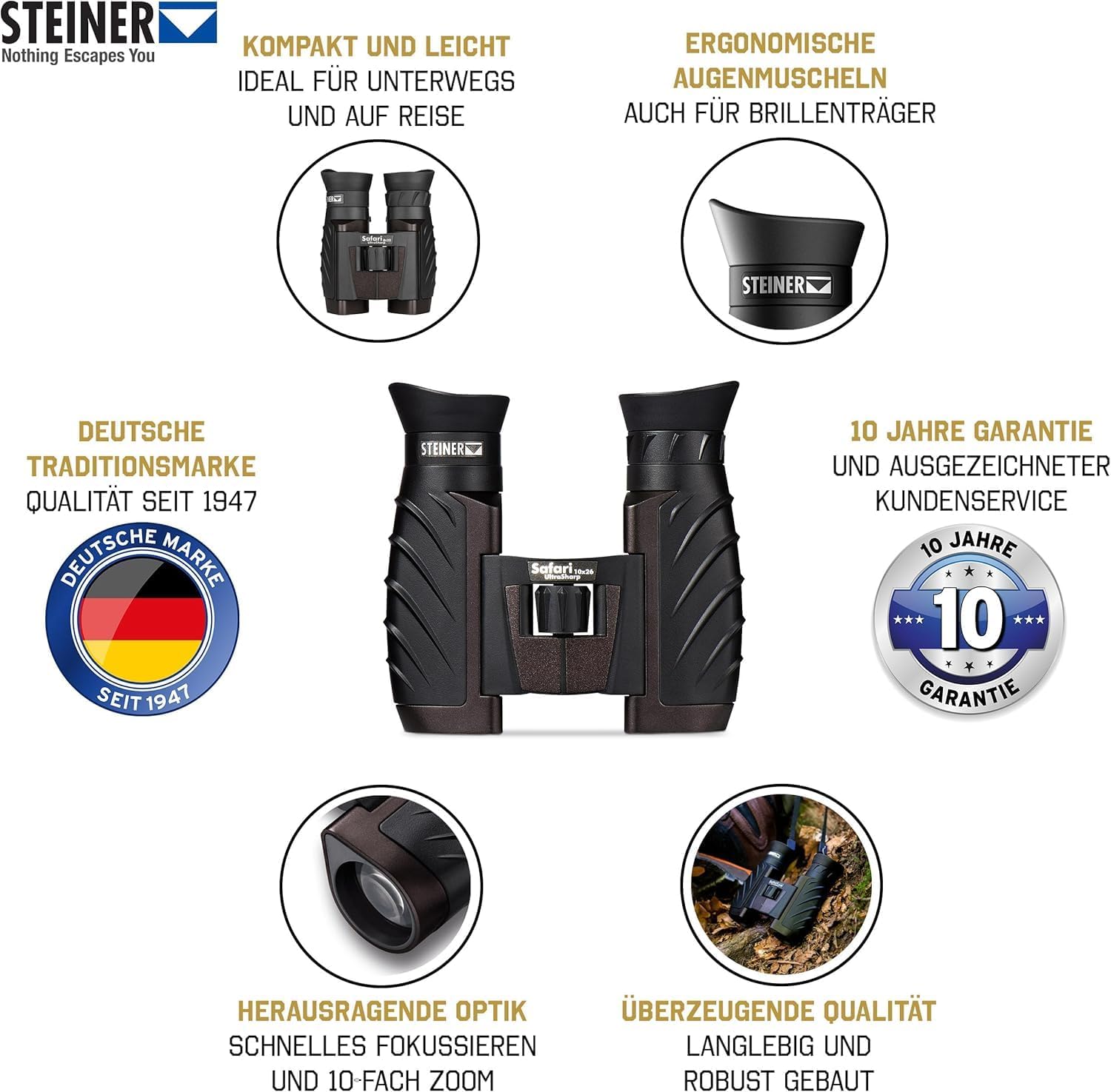 Steiner Safari UltraSharp 10x26 Binoculars, Compact, Large Magnification, Robust, Waterproof, Ideal for Travel, Hiking, Concerts, Sports and Nature Observation