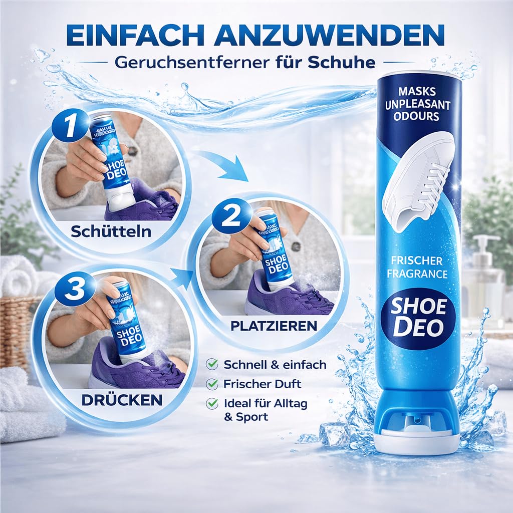 Geruchsstopper Schuhdeo mit angenehmen Duft - 4 Stück je 200ml - Schuhdeodorants Sneaker, Leder oder Textil gegen Geruch und Schweiß Schuhhygiene - Beseitigt effektiv Gerüche