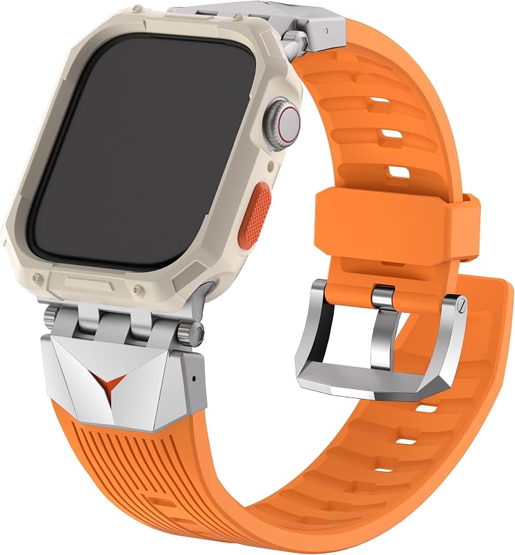 Fullmosa Bands Compatible with Apple Watch 44mm 45mm Series 9/8/7/6/5/4/SE3/SE2/SE, Rugged TPU iWatch Band with Bumper Case for Men, Orange+Silver