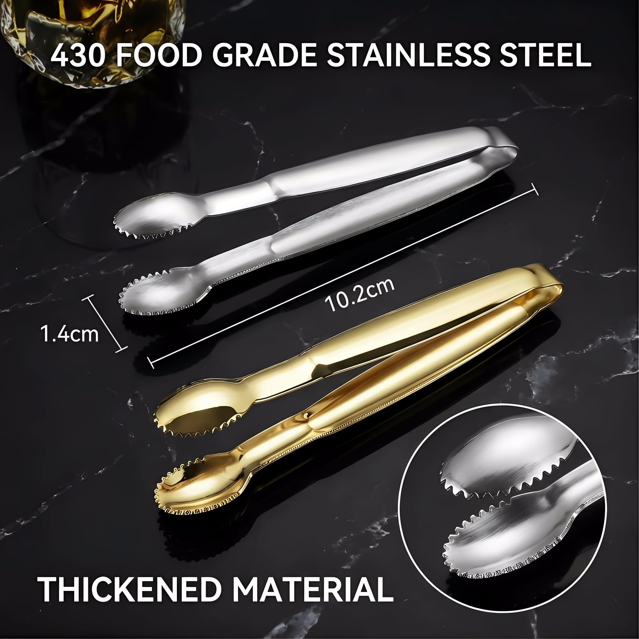 Pinzas para azúcar, acero inoxidable, 2 unidades, oro + plata, 10,16 cm