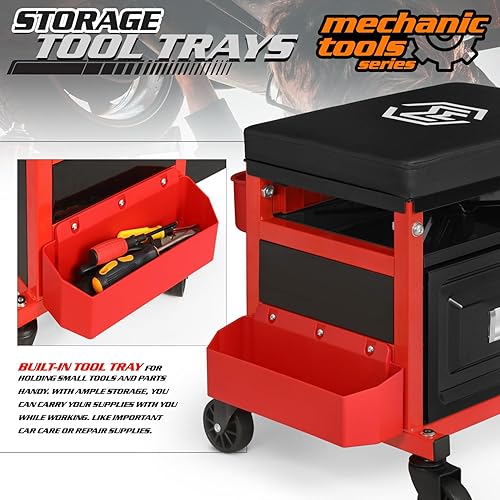 Miniatura 15 de M-AUTO Taburete mecánico con ruedas, caja de herramientas de garaje, asiento de pecho con ruedas, capacidad de 350 libras, asiento mecánico Negro