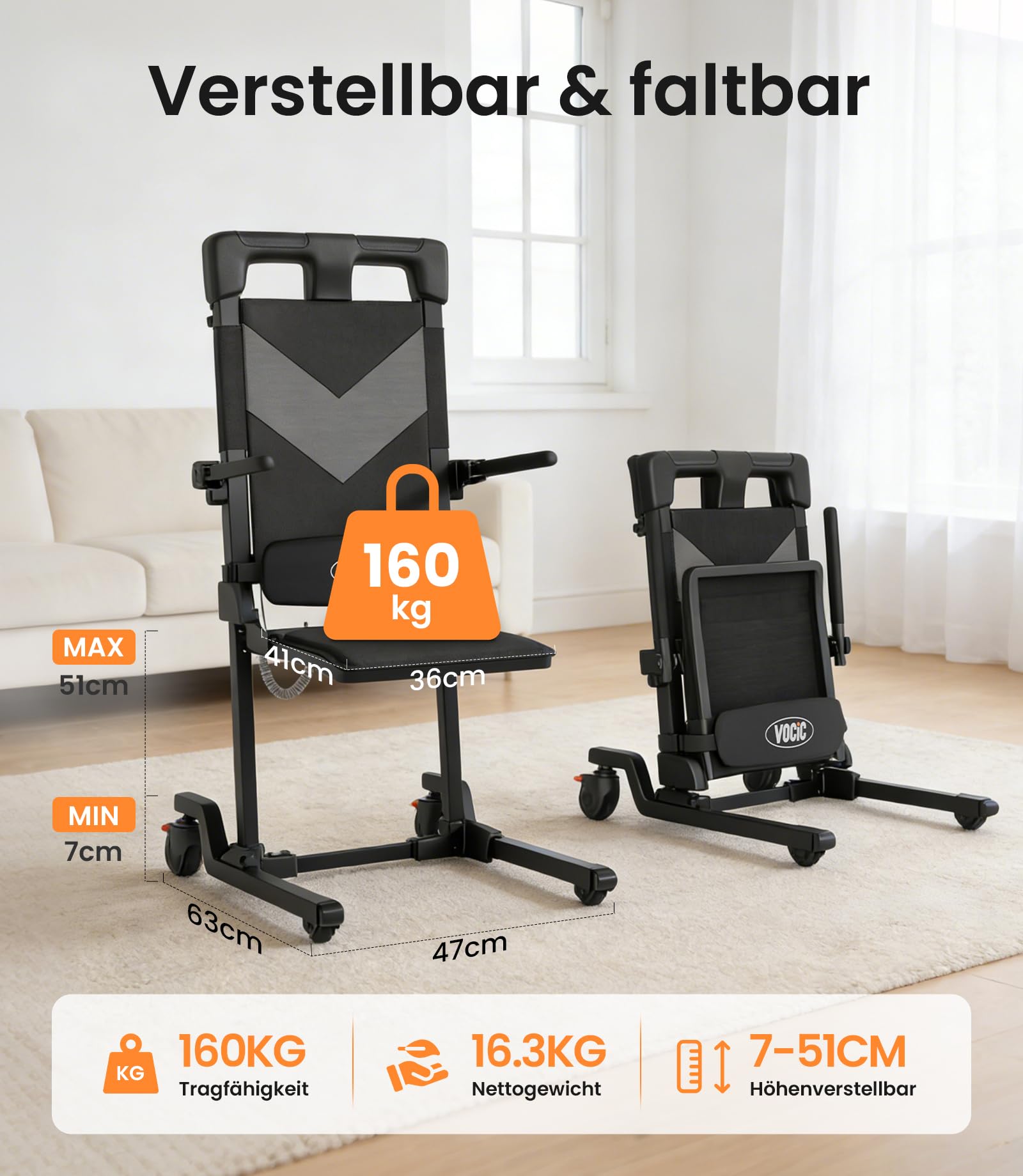 VOCIC AX35 Aufstehhilfe mit Transferfunktion, Rollen & Bremsen | Senioren Sturzhilfe Zuhause, Elektrischer Bodenlift Transferstuhl, Bett Sofa Rollstuhl, 4 Rollen Bremse kompakt 160KG