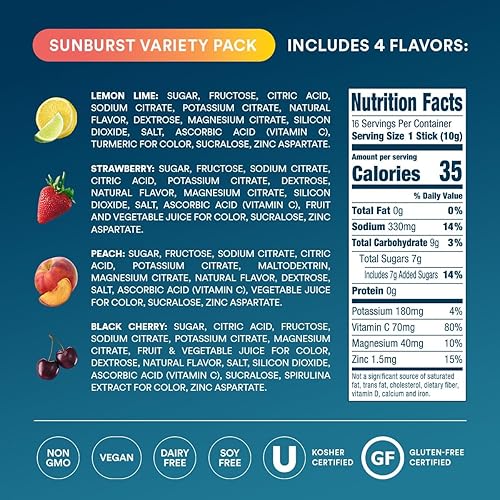 Miniatura 4 de DripDrop Paquetes de hidratación  Paquete variado Sunburst  Mezcla de bebidas en polvo de electrolitos de una sola porción  Limón Lima, fresa,