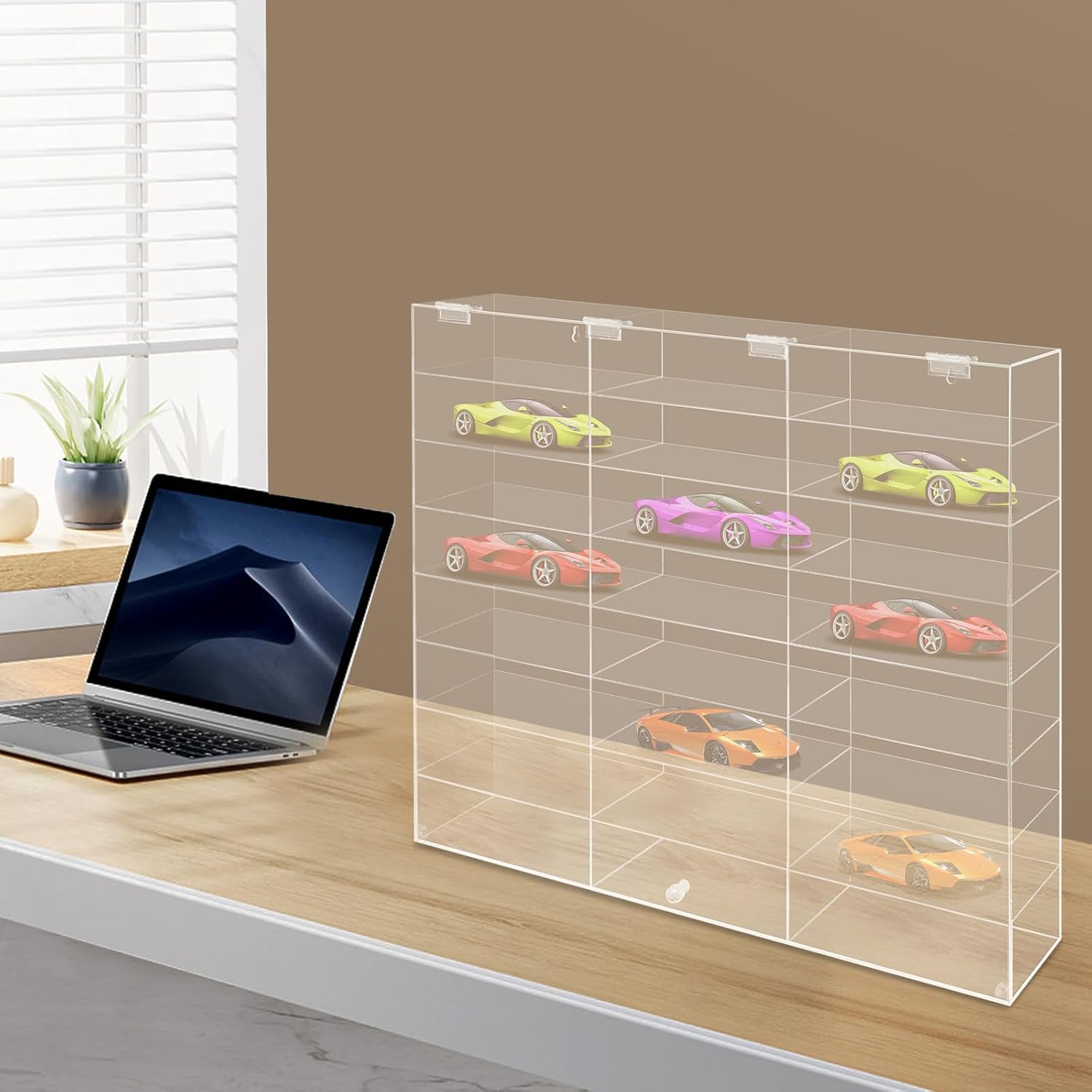 24 Grids Toy Car Display Case, 1: 24 Scale Diecast Cars Display & Storage Case, Wall Mounted Clear Acrylic Shelf with 24 Compartments and Cabinet Door for Toy Cars, Souvenirs, Collectibles