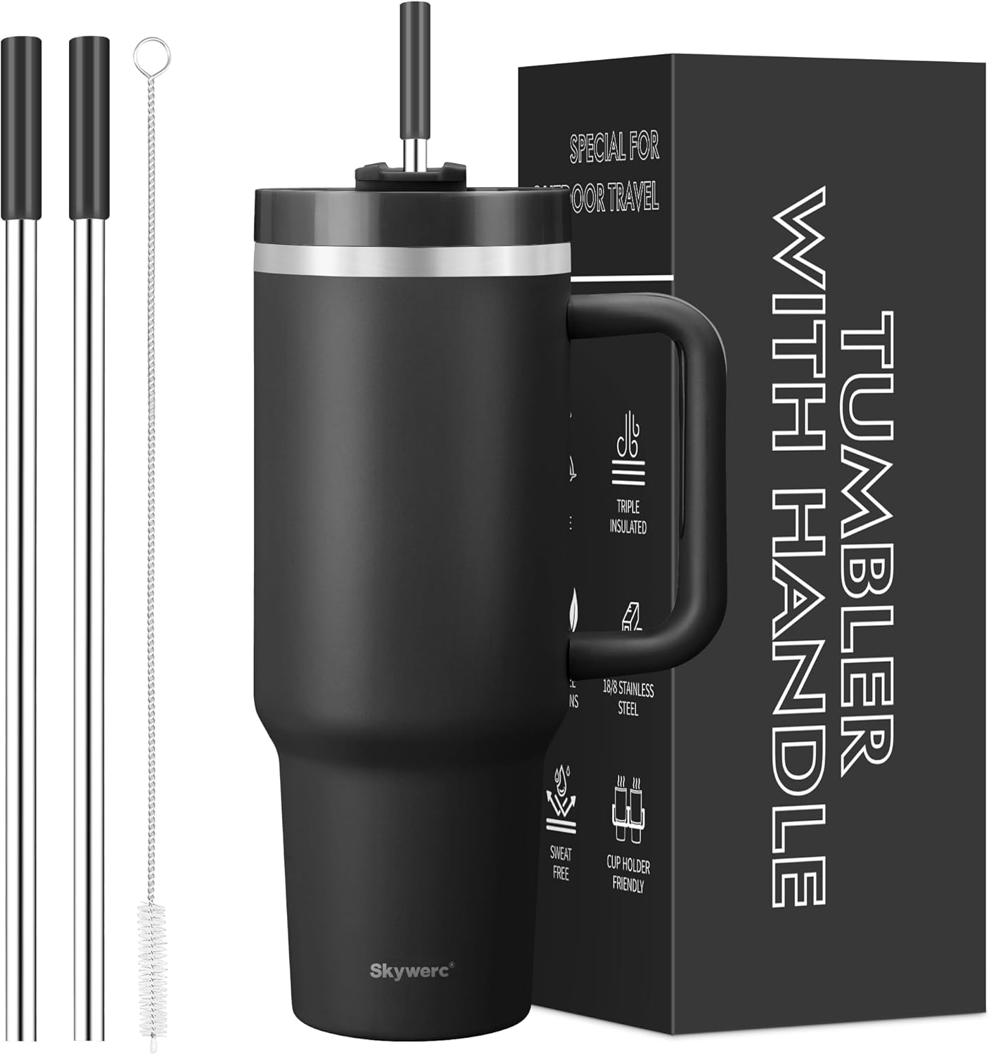 40 oz Tumbler with Handle and Straw, 2 in 1 Lid, Vacuum Insulated Stainless Steel Double Wall Water Bottle Travel Mug – Holiday Gifts for Women Men – Black