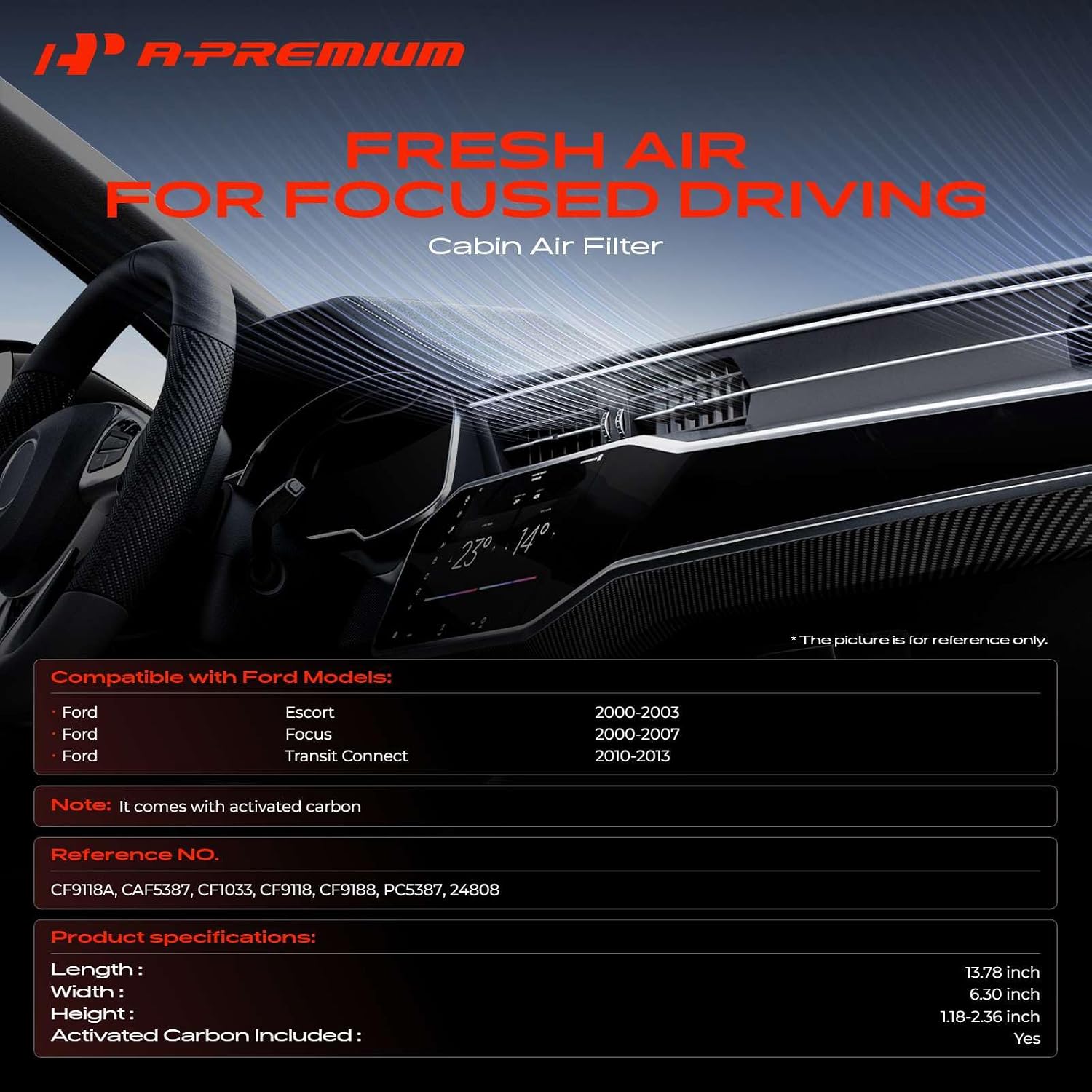 A-Premium Cabin Air Filter with Activated Carbon Compatible with Ford Focus 2000-2007, Escort 2000-2003, Transit Connect 2010-2013