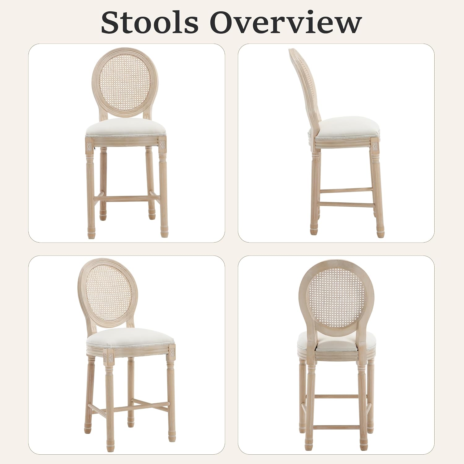 French Country Barstool Set of 4, Linen Farmhouse Counter Height Chair with Round Back and Solid Wood Legs, Oval Chairs for Bar, Kitchen, Restaurant