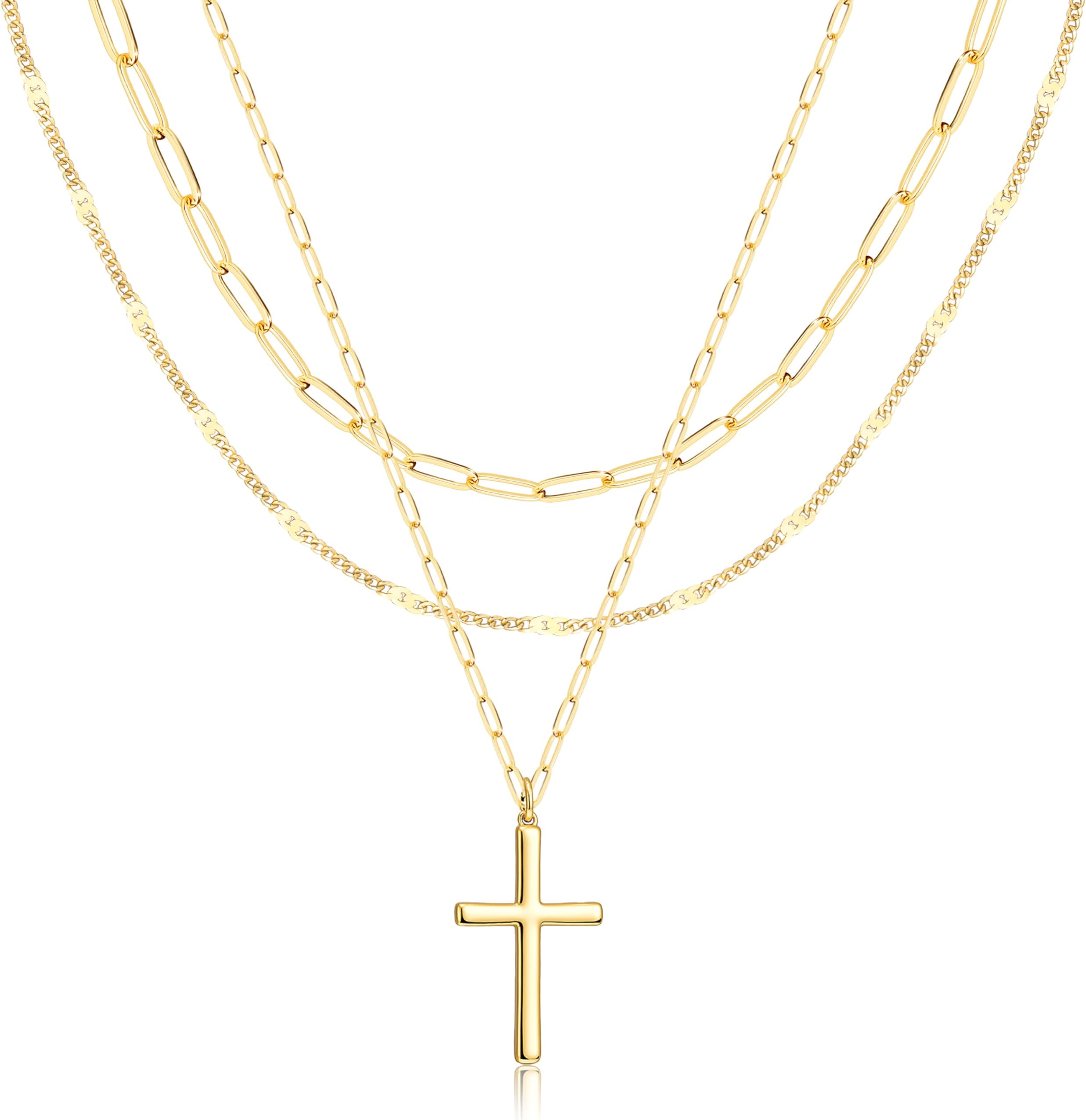 Layered Gold Necklaces for Women, Stackable Dainty 14K Gold Silver Plated Trendy Simple Heart Diamond Cross Bow Circle Pendant Paperclip Choker Dot Chain Necklace,Jewelry Set Gifts for Women