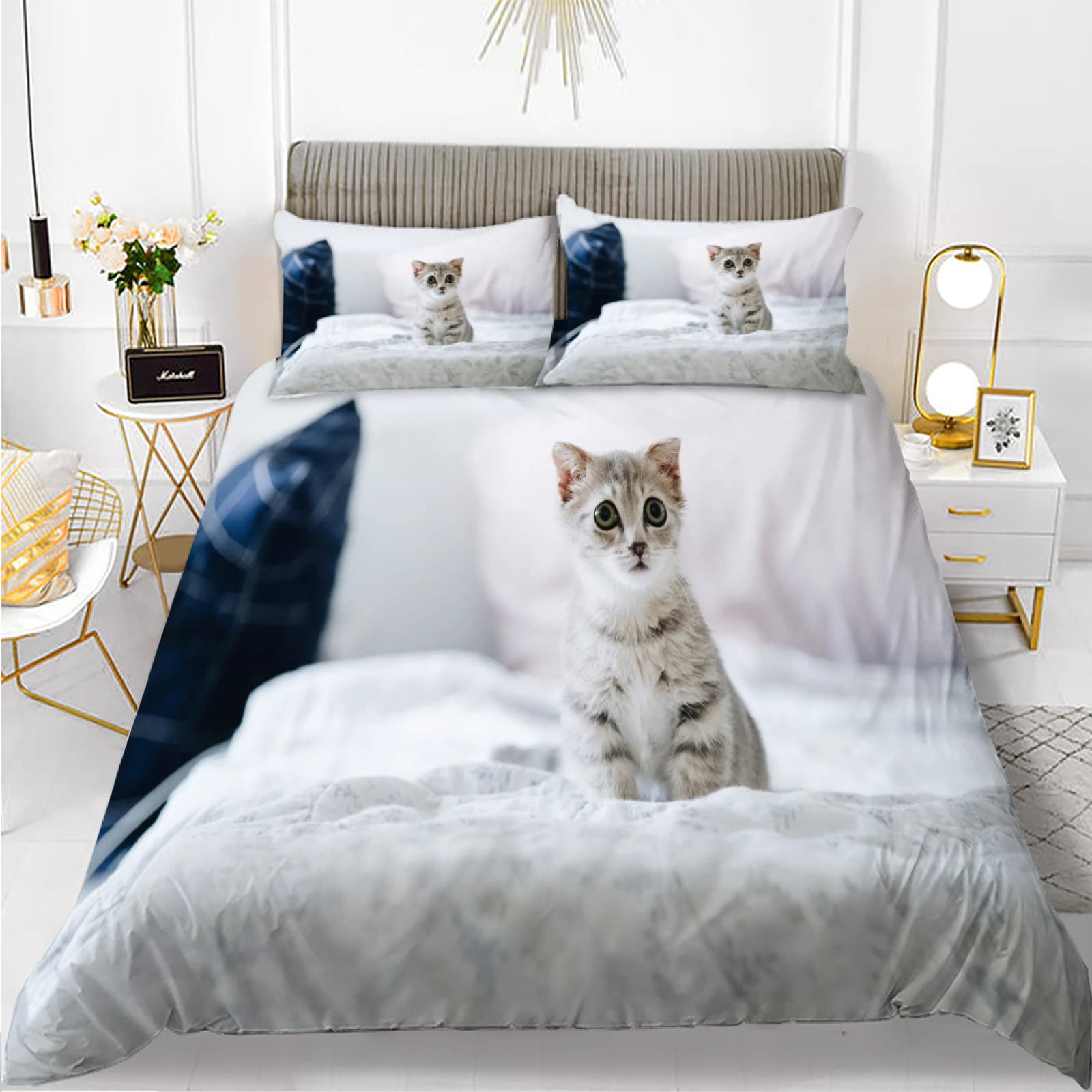 Parure de lit enfant chat blanc avec housse de couette 90x190 et taie