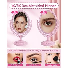 XPXKJ Pink Vintage Vanity Mirror Shabby Chic Decor | 360 Rotating Double-Sided Table Makeup Mirror with Stand Bedroom Decoration Perfect for Tabletop, Desk, Or Makeup Station