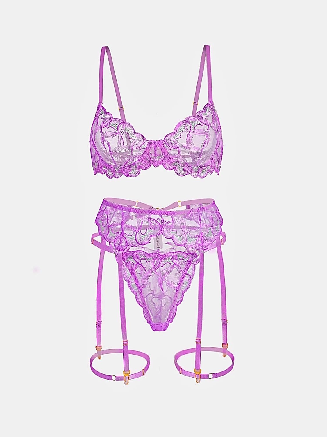 HELLOLAGIRL Sexy Lingerie Set for Women,Lace Womens Lingeries flower Chain Lingerie 3 Piece with Garter Belt
