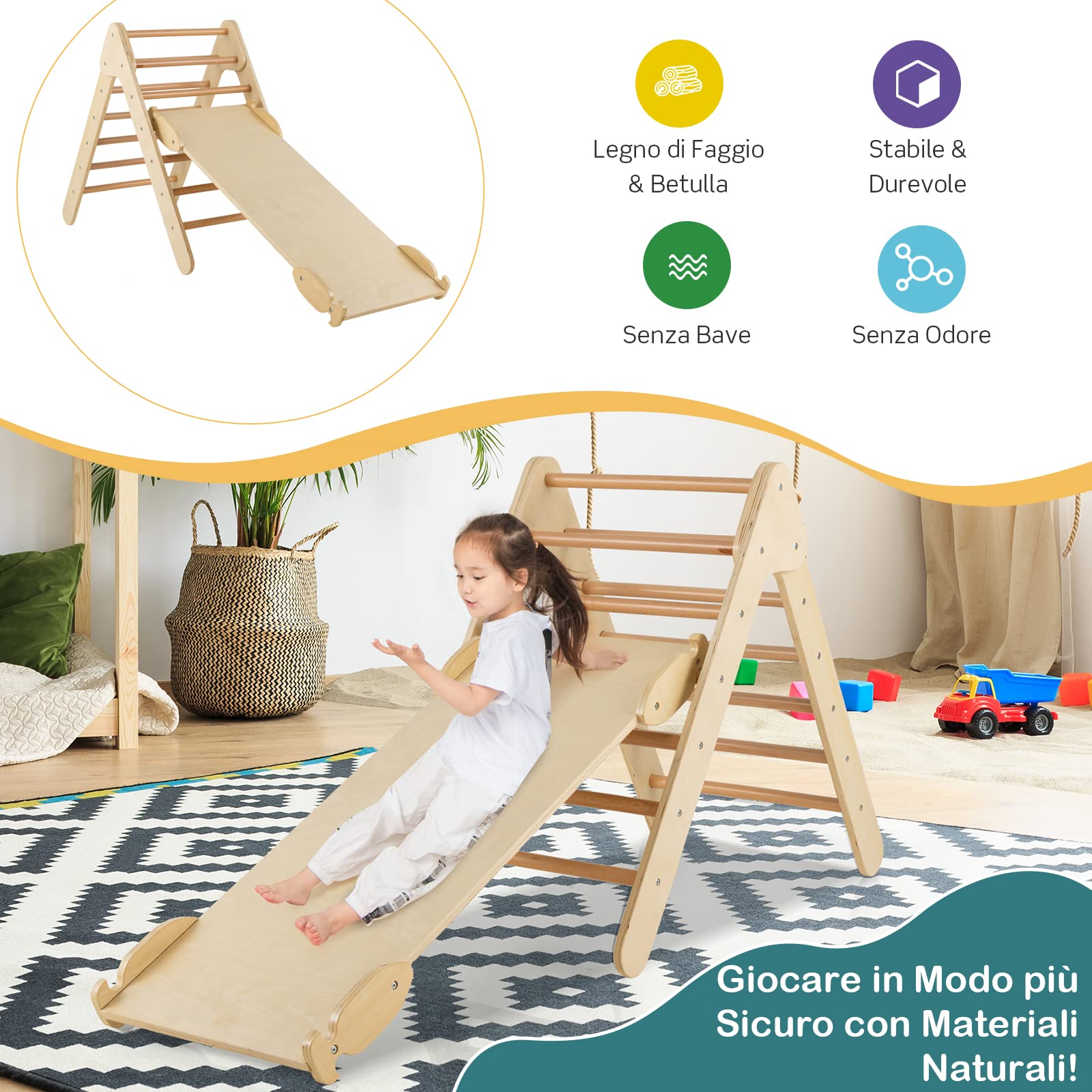 COSTWAY 3 in 1 Arrampicata Giocattolo a Triangolo per Bambini, Set di Arrampicata con Rampa di Scivolo a 2 Lati e Inclinazione Regolabile, Arrampicatore per Bambini 1 Anno+ (Naturale)