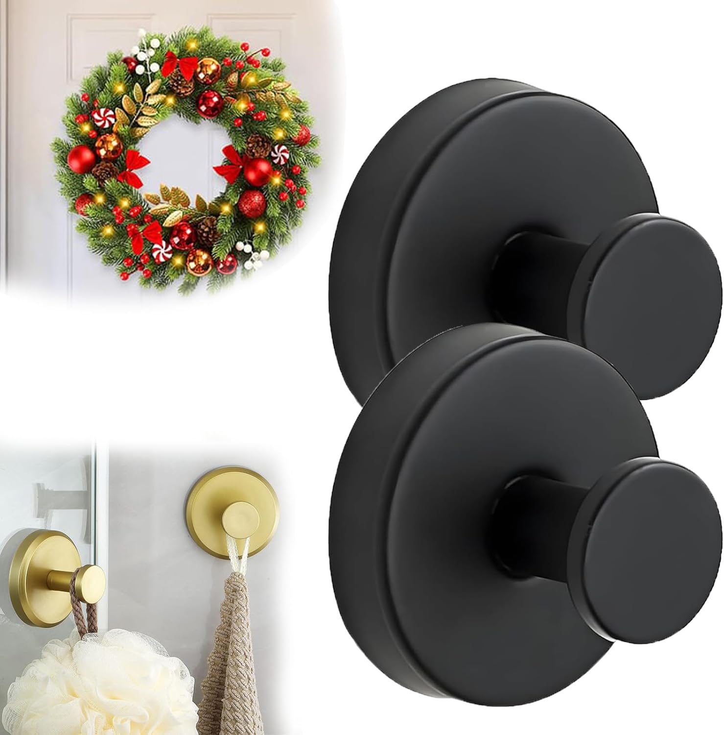 Suction Cup Hooks for Door Wreaths, 2025 Upgraded Suction Cup Hooks Multipurpose No Drill Heavy Duty for Shower, Hanging Towels, Bathroom, Shower Doors, Tile, Mirrors, Holiday Use (Black, 4Pcs)