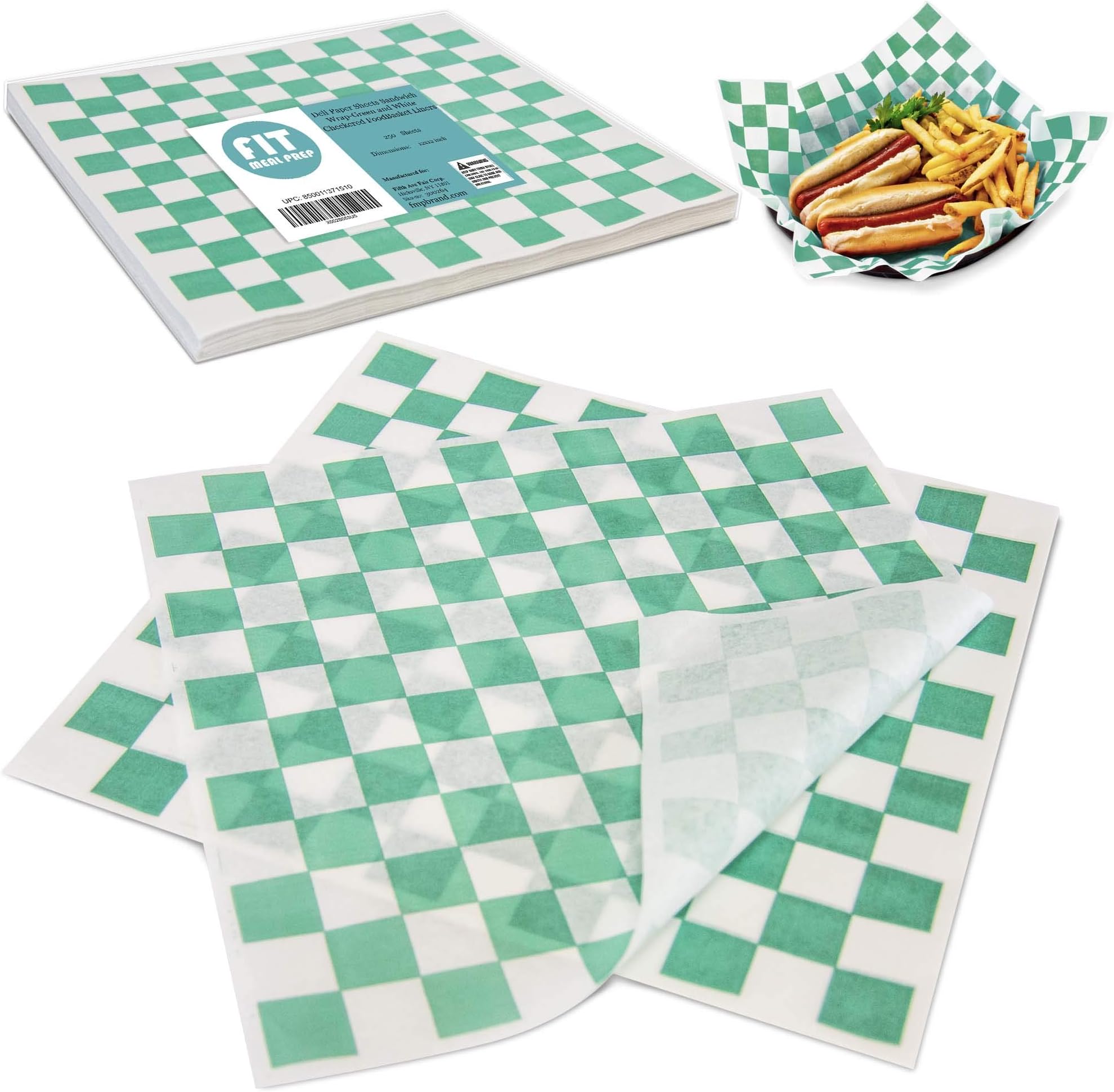 [250 Sheets] 12x12 Inch Deli Paper Sheets Sandwich Wrap - Green and White Checkered Food Basket Liners, Grease Resistant Wrapper for Barbecue Restaurants, Picnics, Parties, Kids Meal, Outdoor Fair