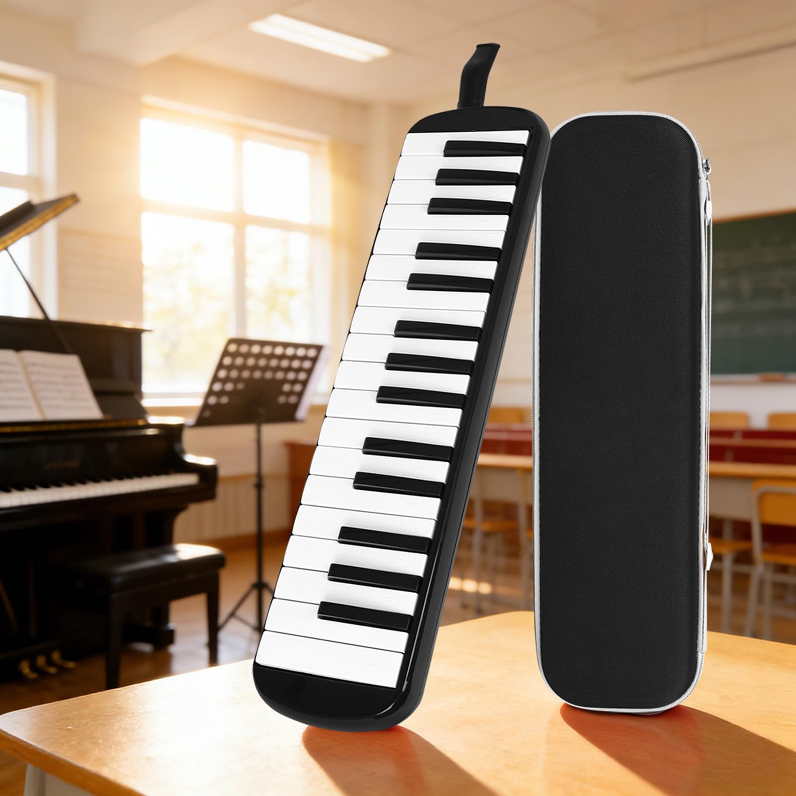 Cryfokt Strumento Melodica a 32 Tasti, Tastiera Soprano Melodica Air Piano con 2 Tubi, 2 Bocchini e Custodia Rigida in EVA, per Principianti e Musicisti Professionisti (BLACK)