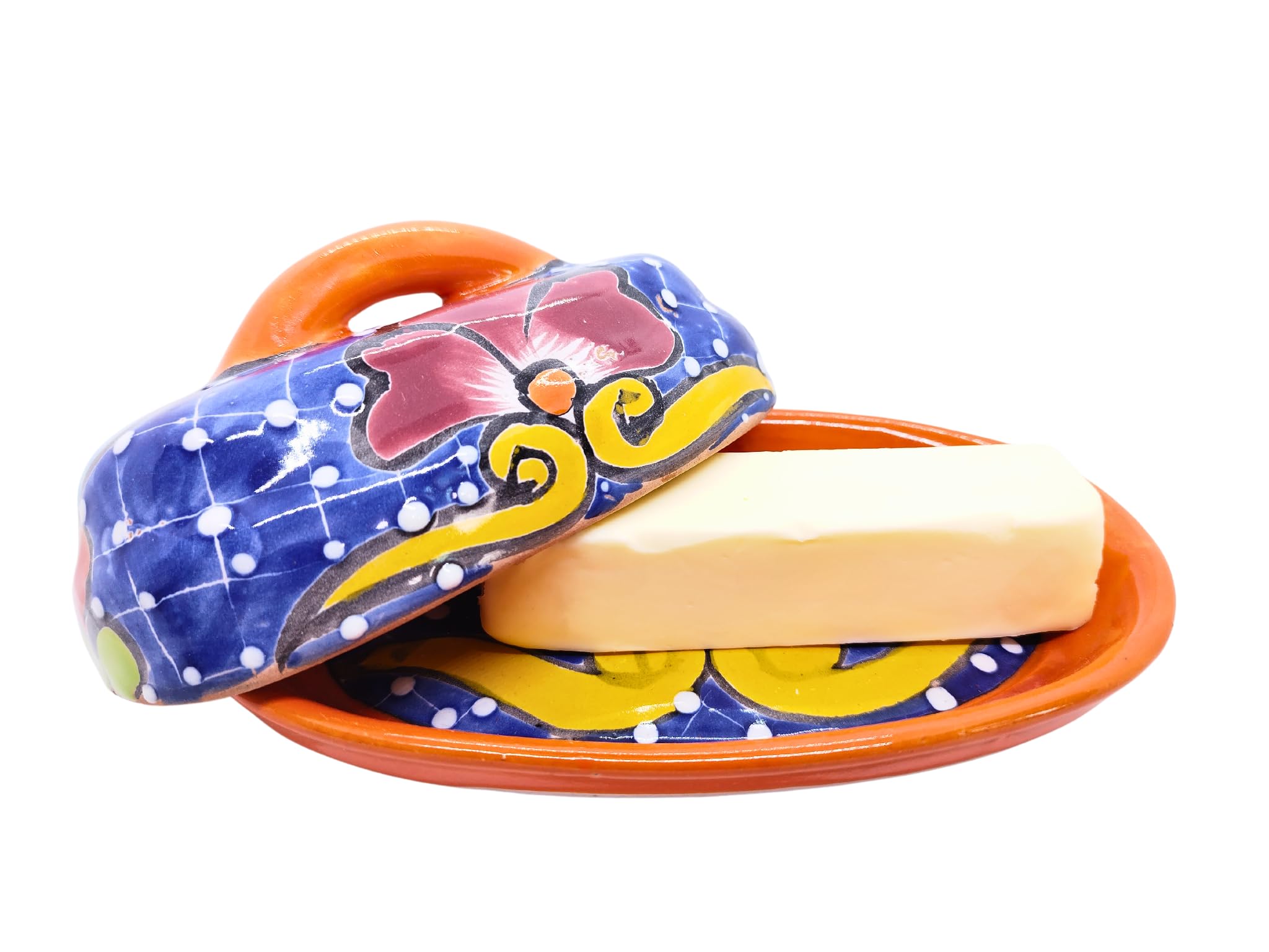 Mexikanische Butterdose Aus Talavera-Keramik – Handbemalt, Blau-weißes Blumen-Design, Mit Deckel