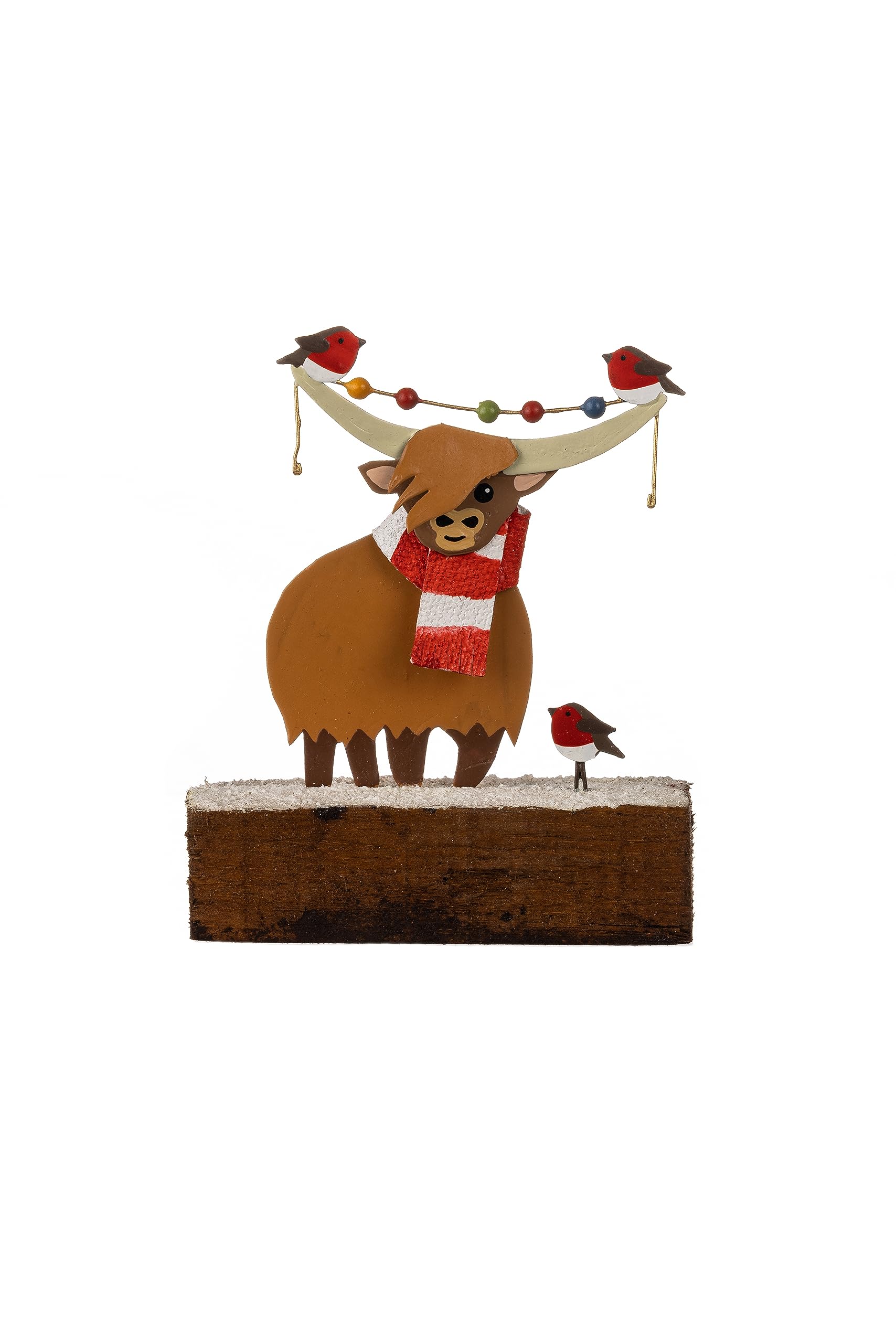 Shoeless Joe Highland Cow with Robins On Wooden Block Christmas Decoration
