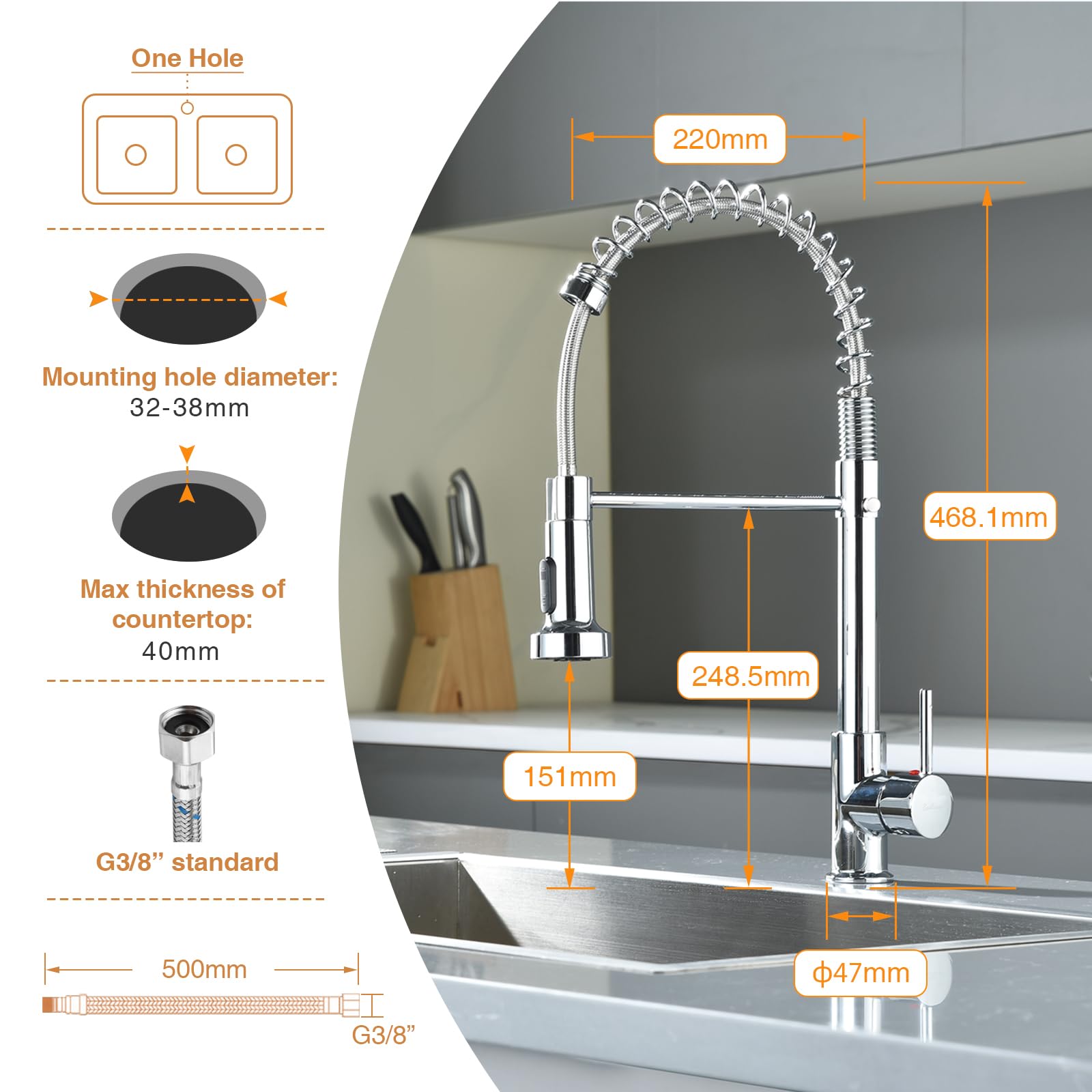 Wasserhahn Küche,Hochdruck Küchenarmatur mit Herunterziehen Brause Armatur, Mischbatterie Küchenarmaturen,Mischbatterie Küche Zwei Sprühfunktionen,Hoher Bogen Spültischarmatur 360° Drehung