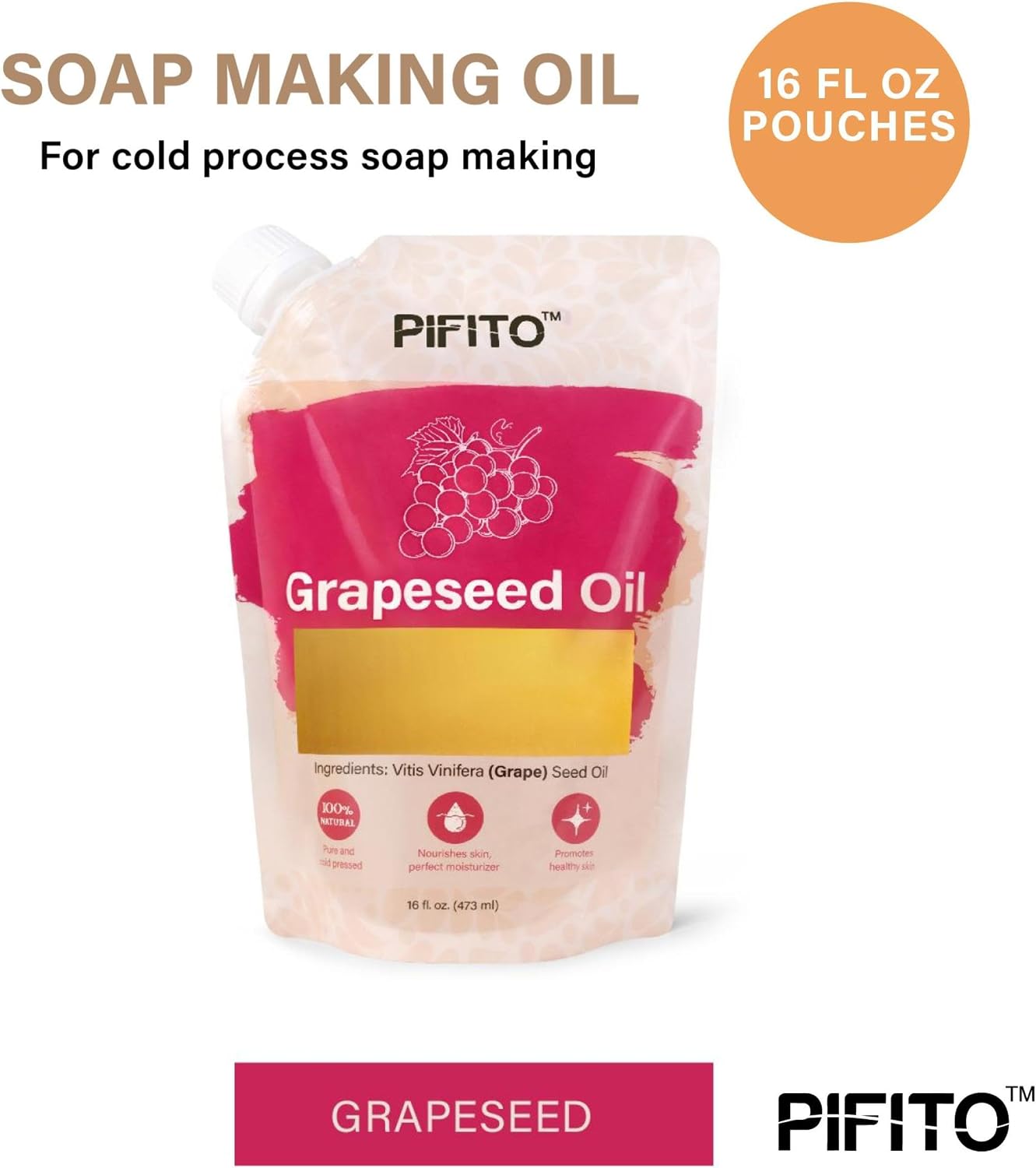 Pifito Grapeseed Oil (16 oz) for Soap Making │ Premium 100% Pure and Natural Carrier Oil for Essential Oils, Skin Care, Hair and Body Oil, Moisturizing Massage Oil for Aromatherapy