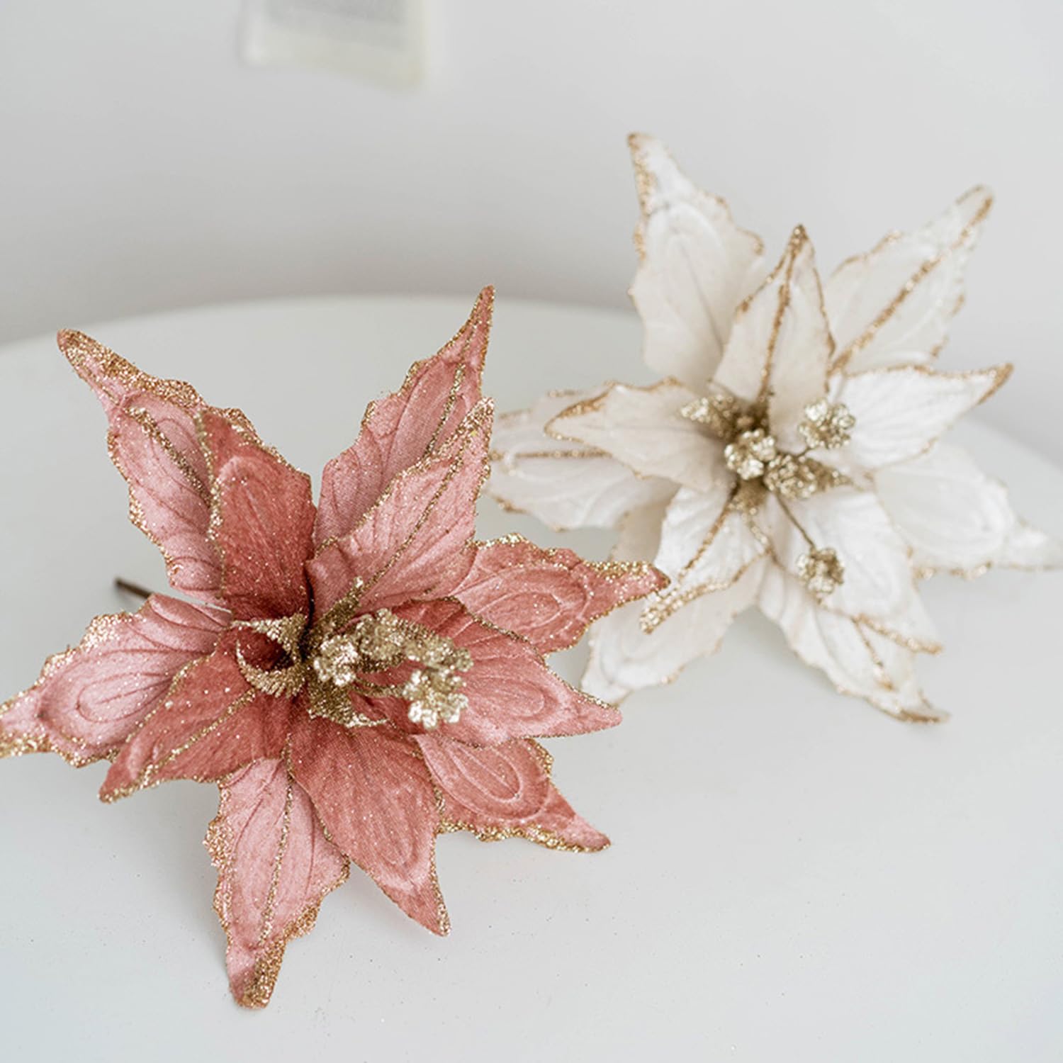6 piezas de flores artificiales de Pascua de Navidad con purpurina para adornos de flores de 11 pulgadas para árbol de Navidad, corona, guirnalda, decoración de Navidad y Año Nuevo