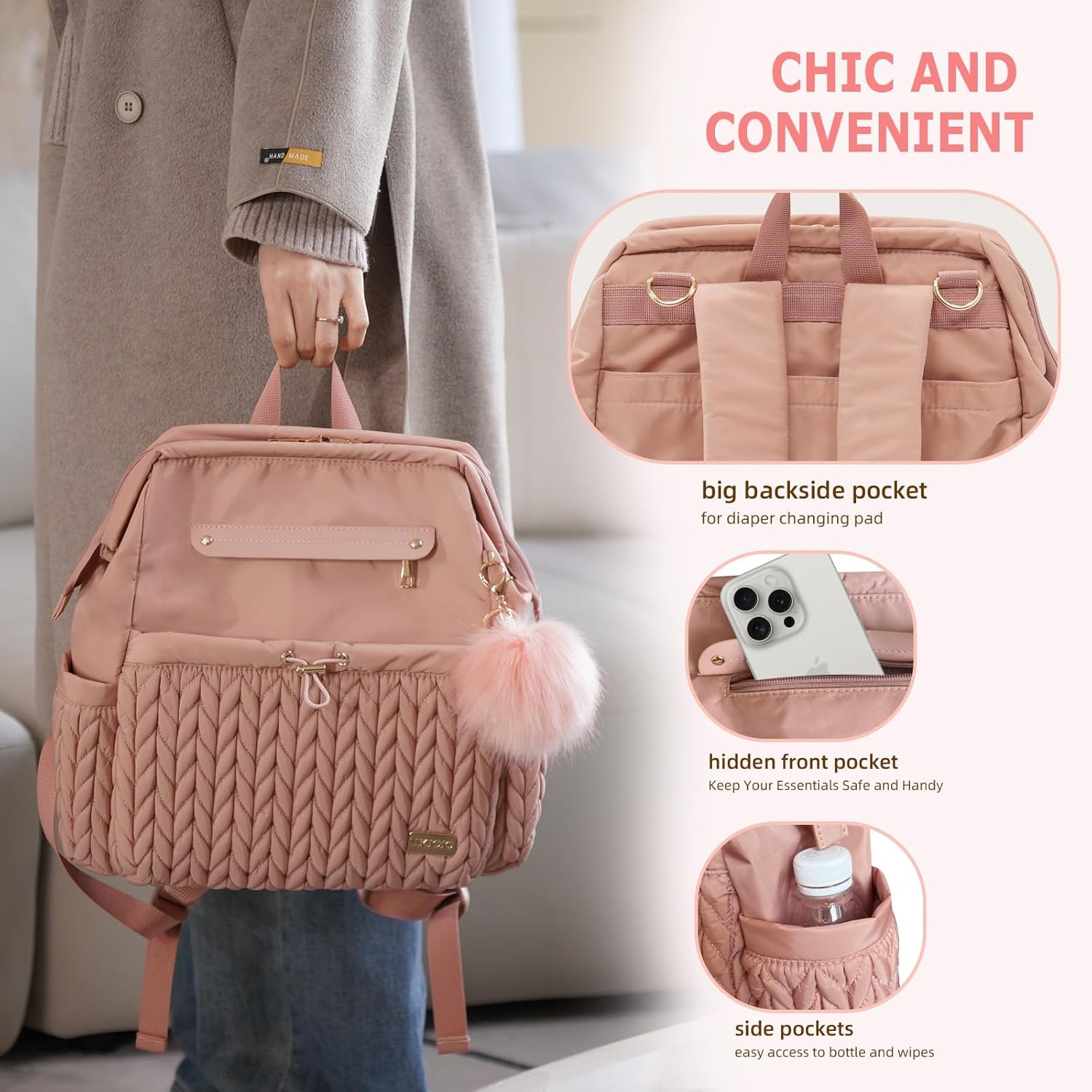 Amanda Lightweigt Diaper Bag Backpack For Mom, Large Opening Travel Essentials Baby Bag, Multi Function Diaper Bag with with Changing Pad,Stroller Clips, Perfect Baby Shower Gifts(Dusty Rose)