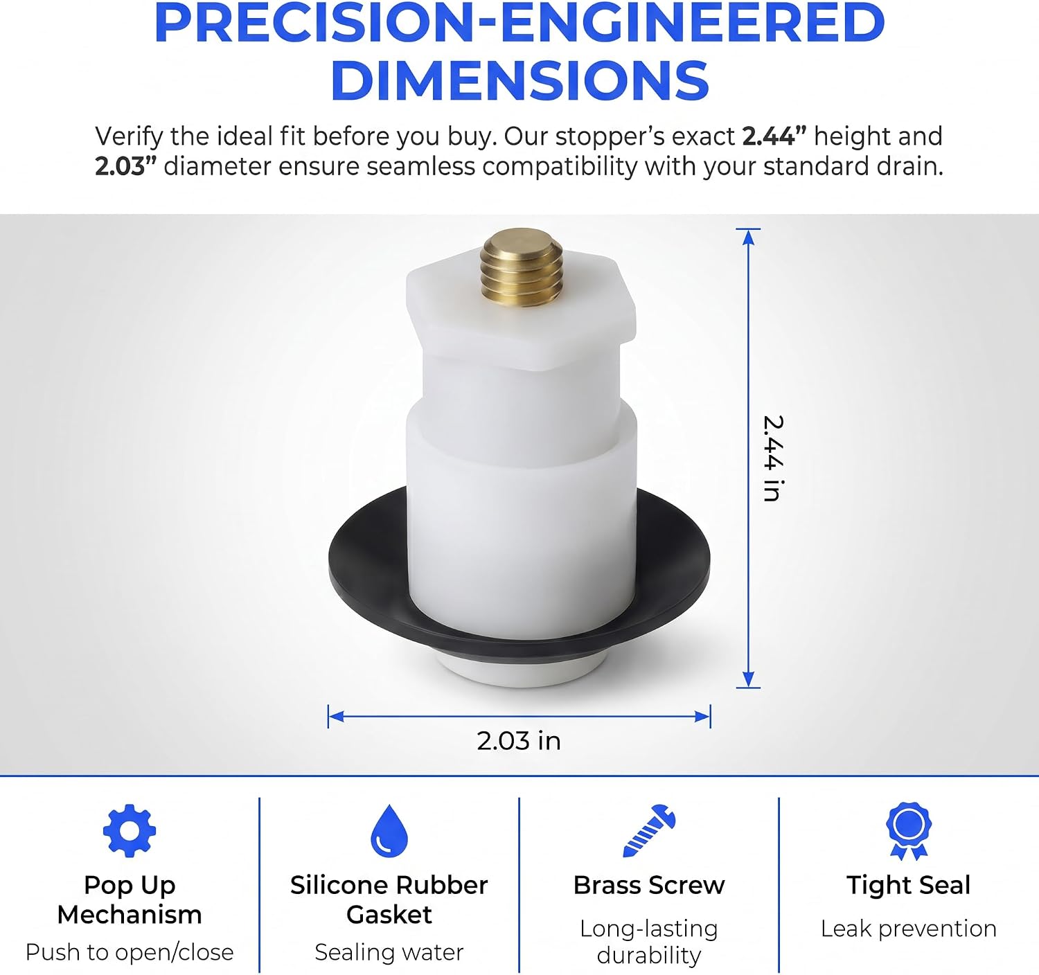 Pop Up Bathtub Drain Stopper Replacement 3/8-16 Thread, Brass Core ABS | Brass Core, ABS Body — Internal strength + rust-free exterior