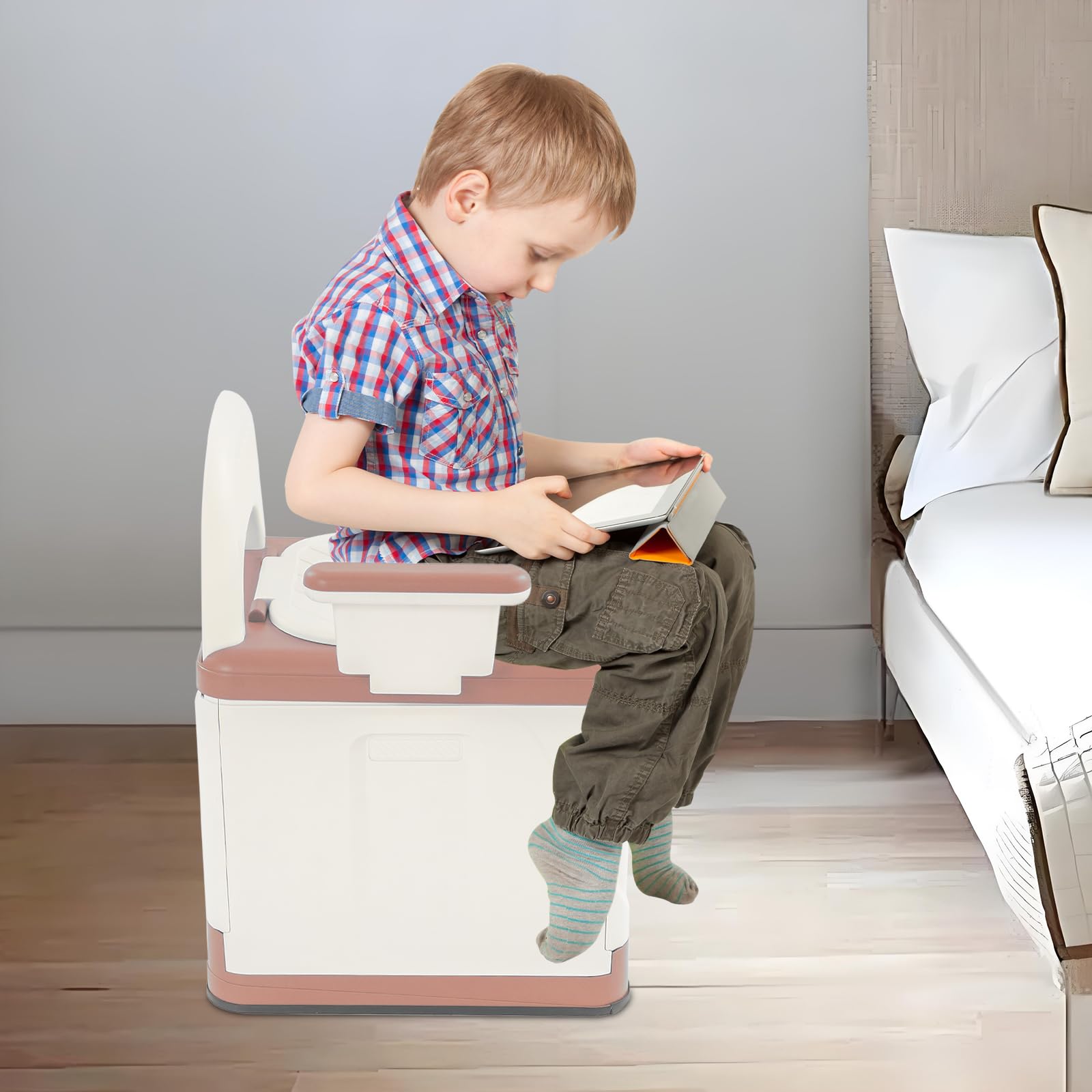 Przenośna toaleta Bedside komoda toaletowa z pokrywką, przenośne krzesło do toalety z uchwytami, obciążenie 150 kg, do łazienki, sypialni, podróży, na kemping (różowa)